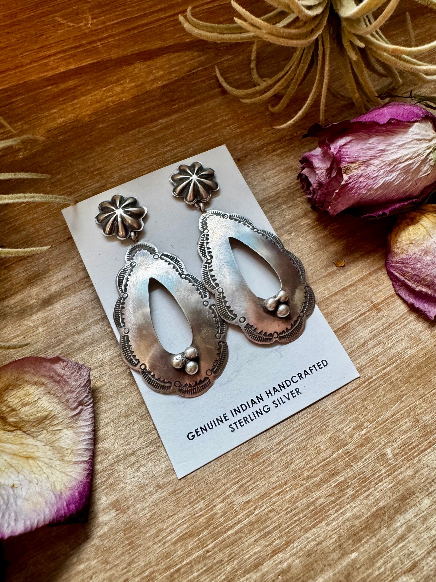 Sterling silver concho stud earrings with teardrop dangle, stamped RL, Native made in the USA, one of a kind