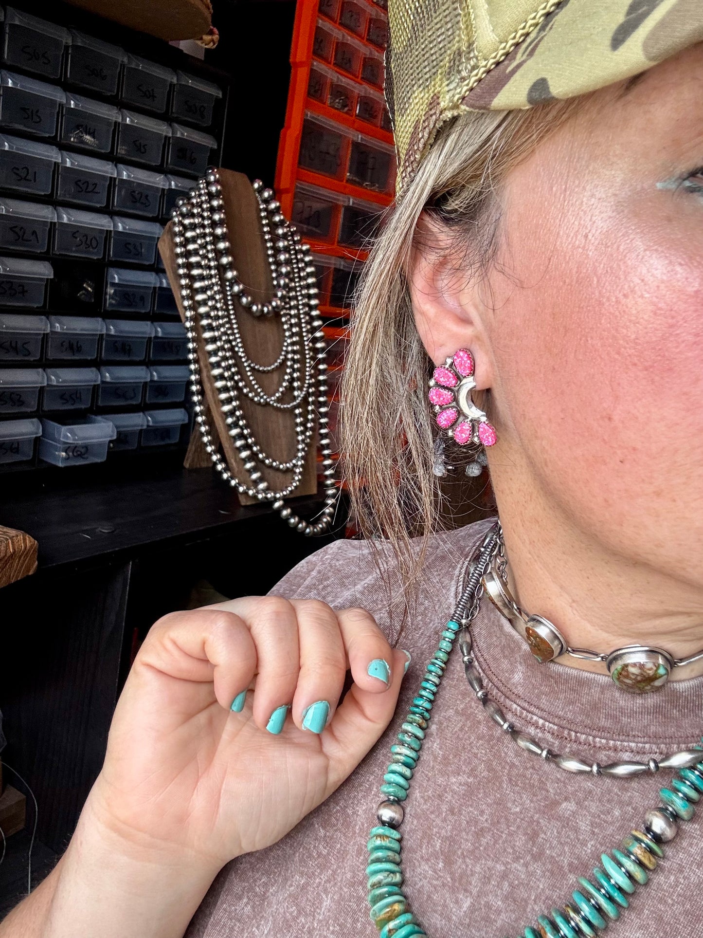 Handcrafted half cluster earrings featuring vibrant bright pink opal stones set in solid sterling silver. Stamped DLW and made in the USA. Each pair is naturally unique. Curated by The Bijoux FAB.