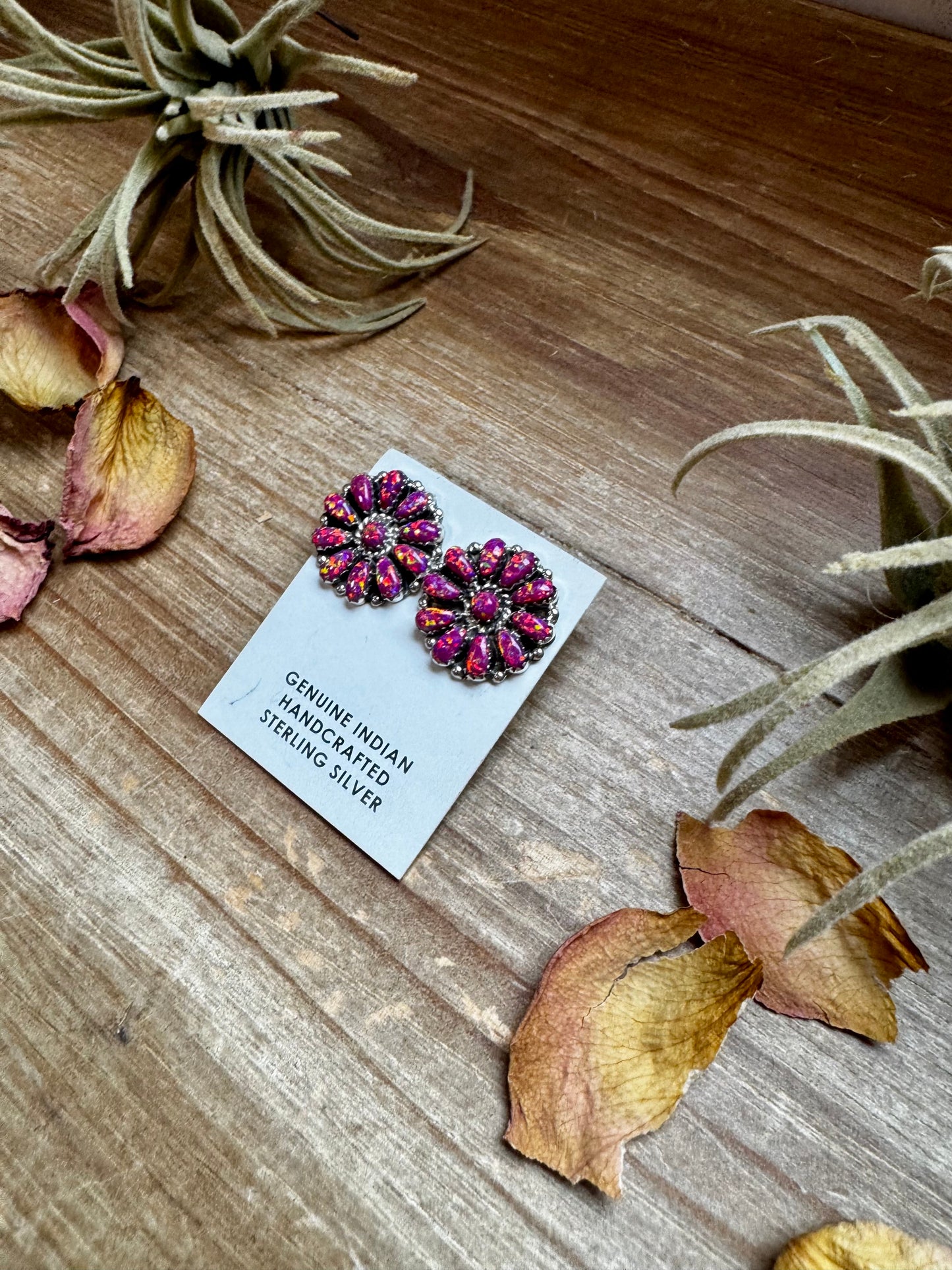 Handcrafted sterling silver cluster earrings featuring deep pink opal stones in a bold design. Stamped AN (believed to be). Made in the USA. One-of-a-kind and curated by The Bijoux FAB.