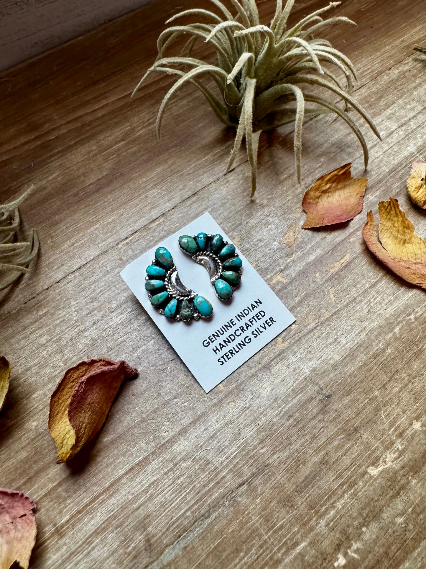 Handcrafted turquoise half cluster earrings made with genuine turquoise stones and solid sterling silver. Stamped LW. Each pair has unique color and pattern variations. Made in the USA and curated by The Bijoux FAB.