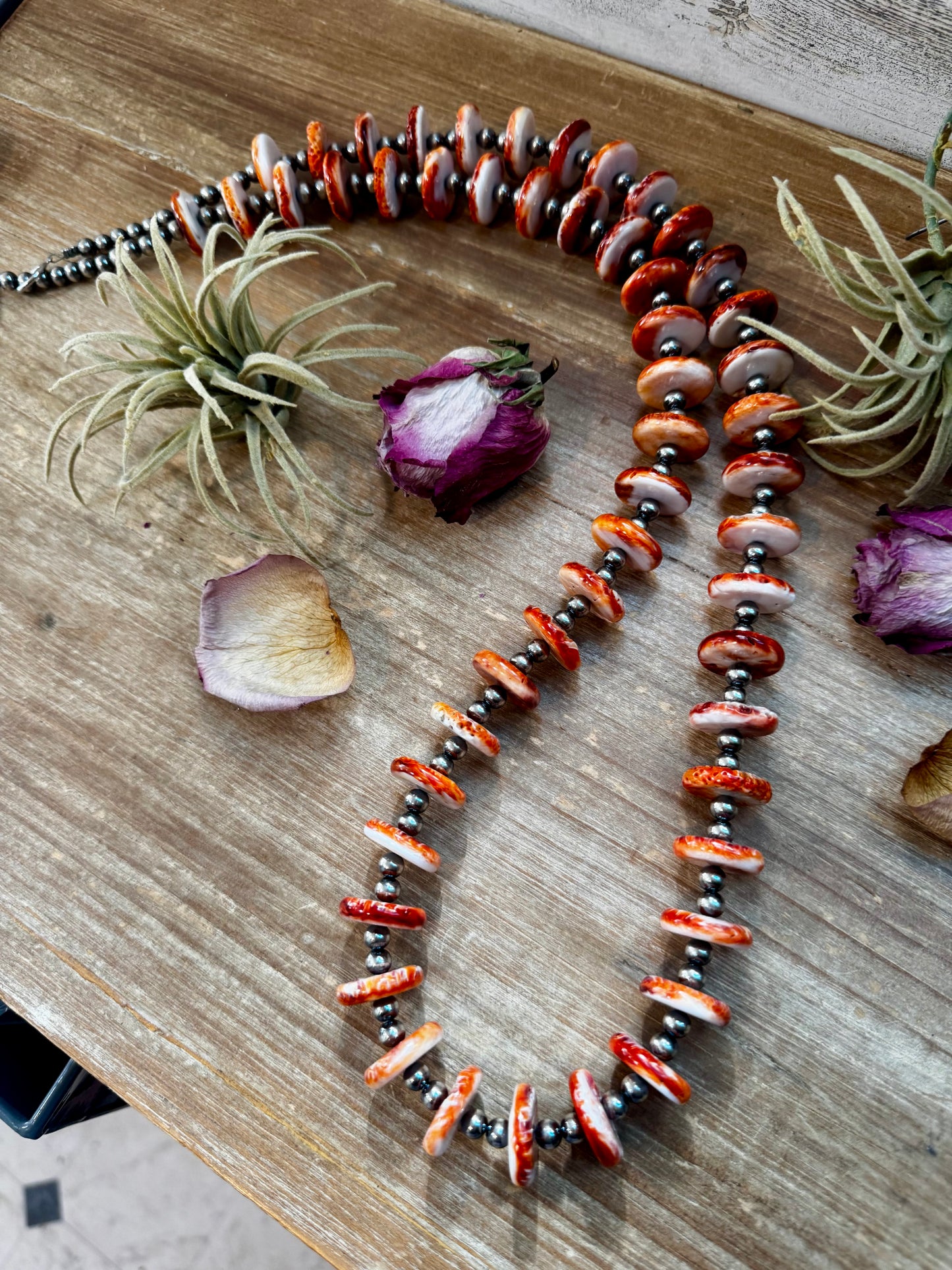 38-inch sterling silver pearl necklace with 16mm orange spiny oyster, handmade by The Bijoux FAB in the USA, NFR Collection