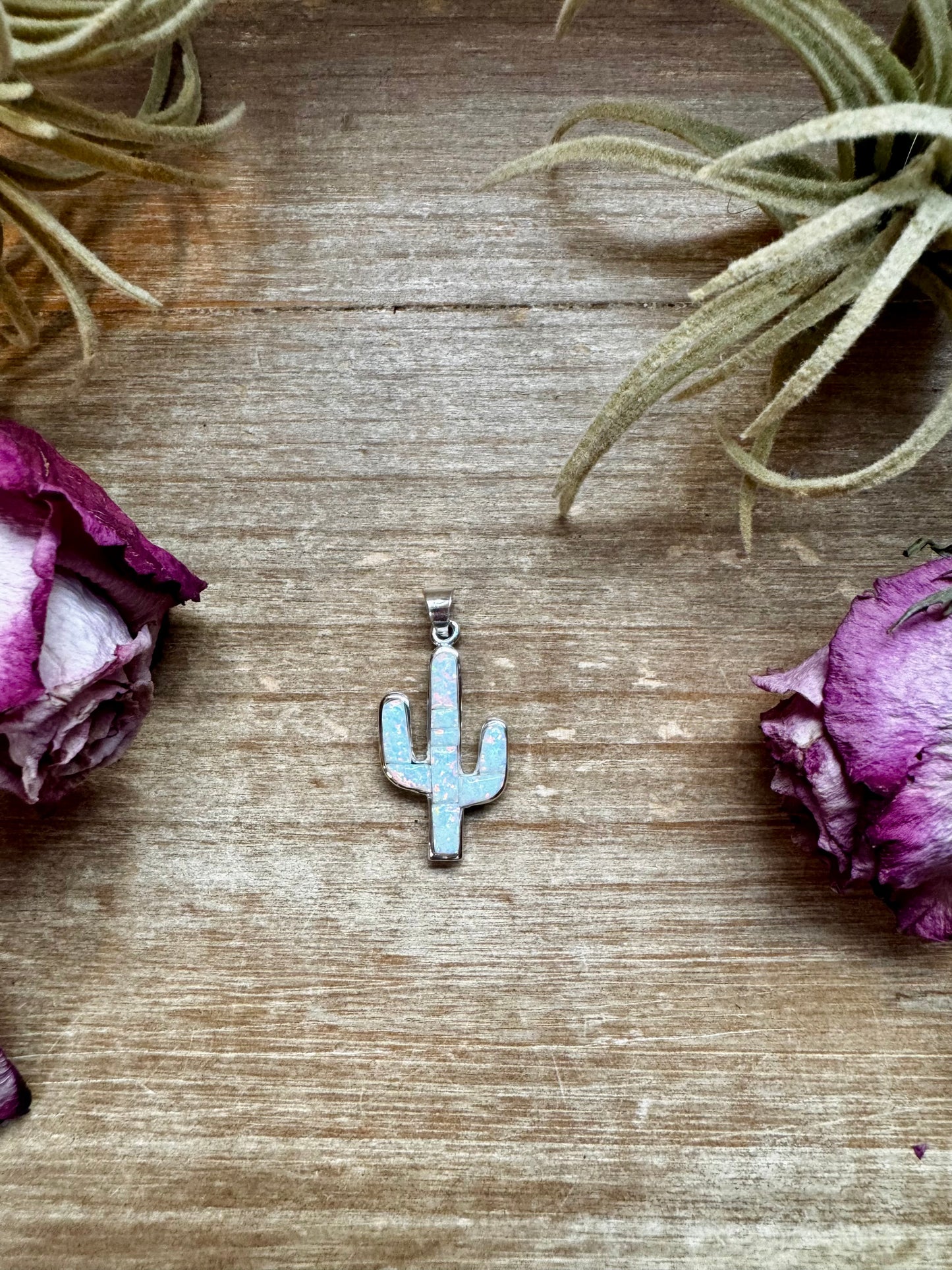 Sterling silver cactus pendant with white opal center, fits 4mm pearls, handmade in the USA