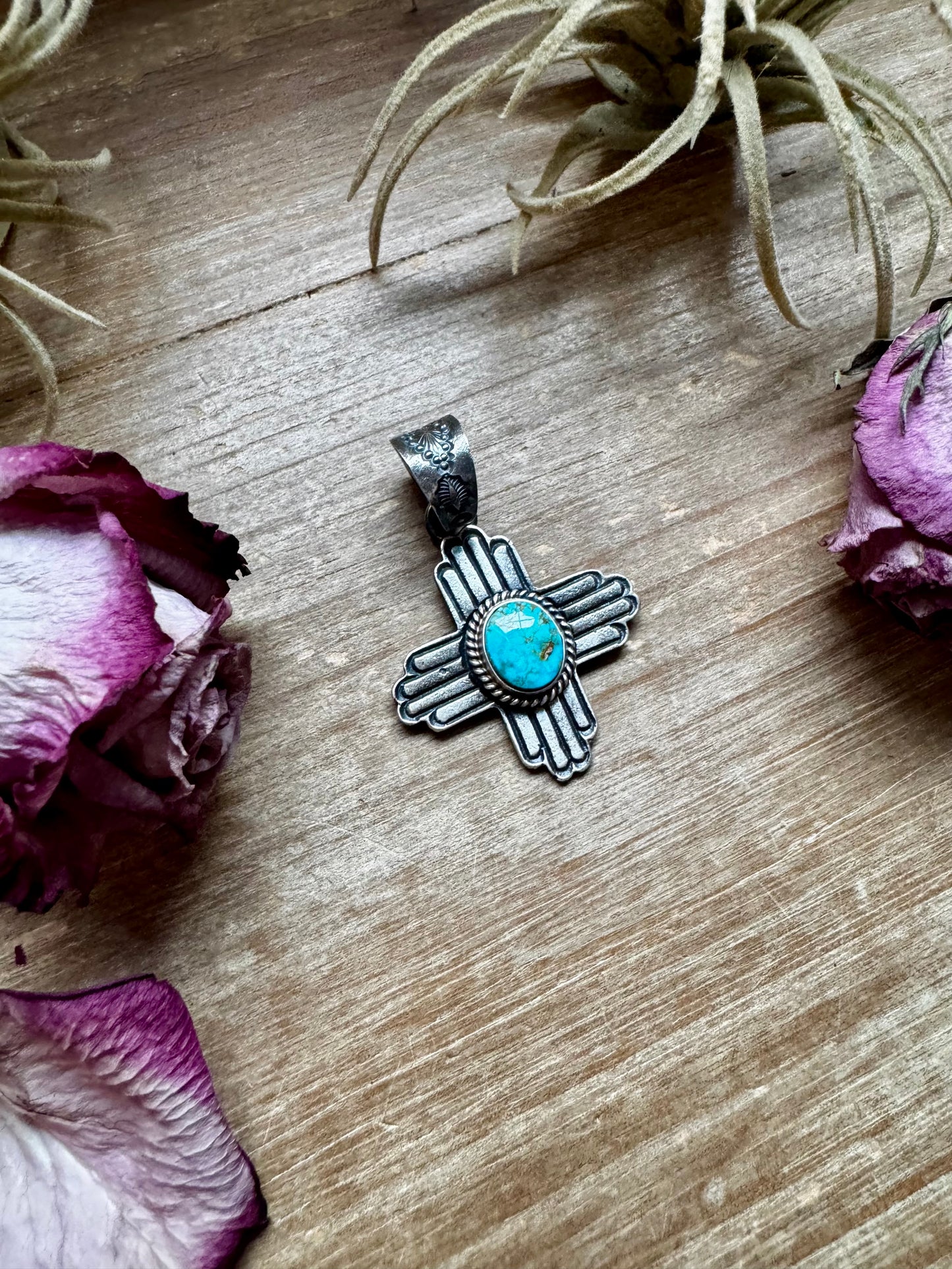 Zia Symbol Pendant with Sonoran Gold Turquoise – Sterling Silver – Native Made by K. Billah – Fits 8mm