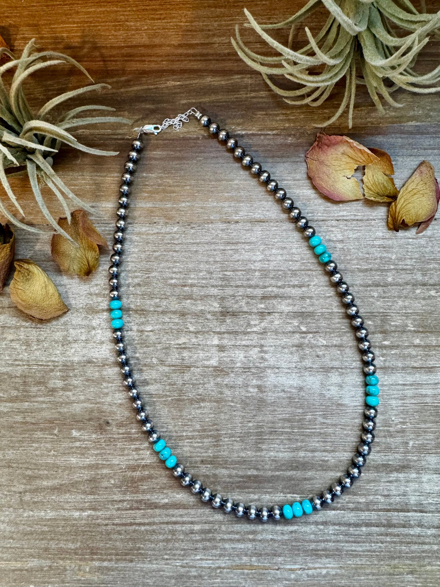 19" sterling silver pearl necklace with bright blue Camarondelle turquoise, handmade by The Bijoux FAB in the USA