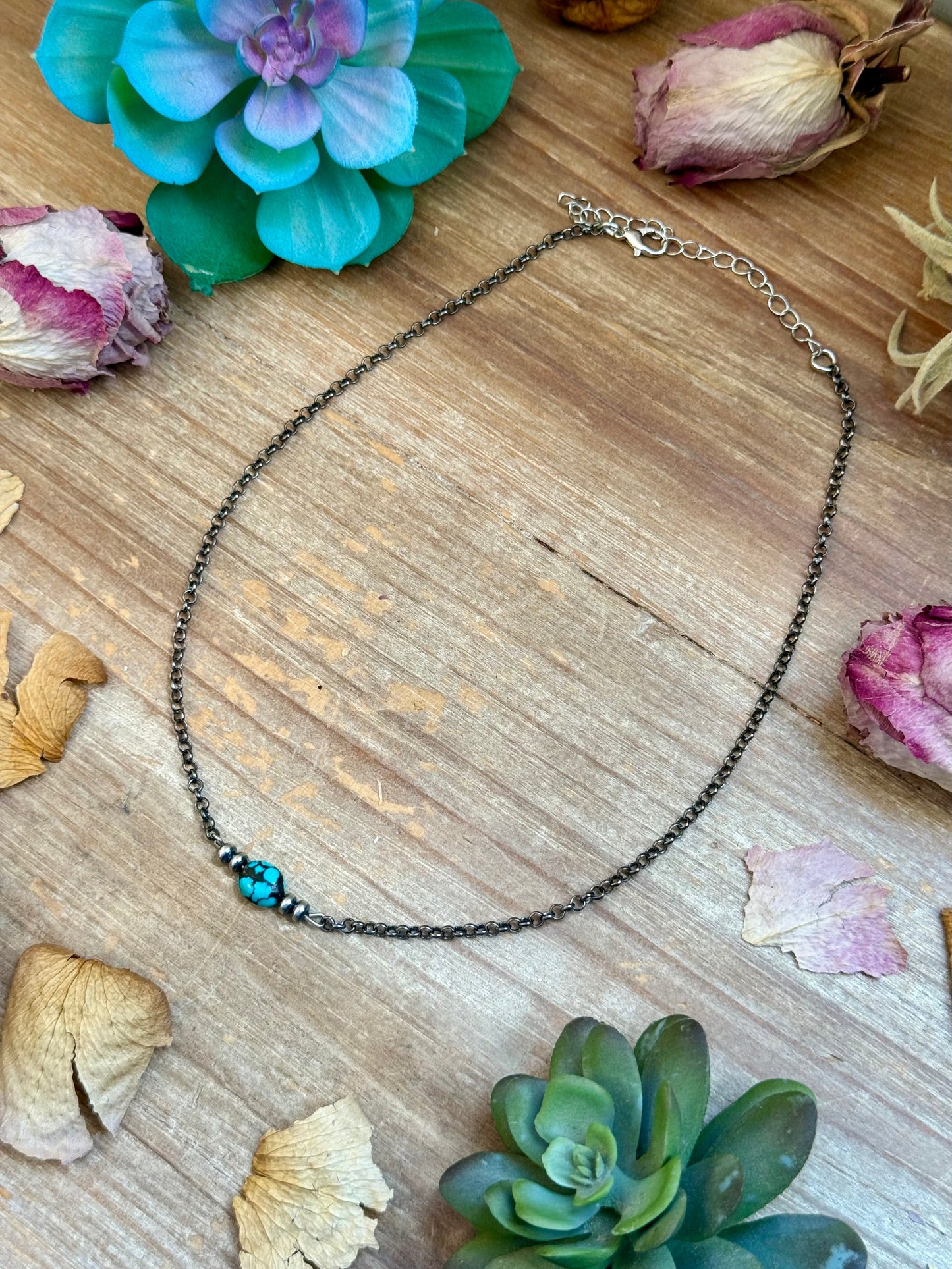 Dark Turquoise Center & Sterling Saucer Pearl Necklace 16”