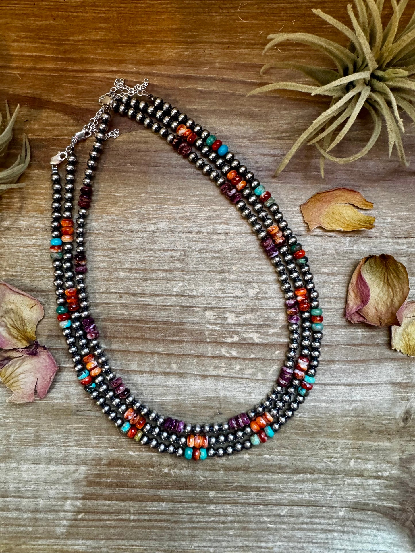 Handmade 18-inch sterling silver pearl necklace with orange and red spiny oyster beads, adjustable with a 2-inch extender