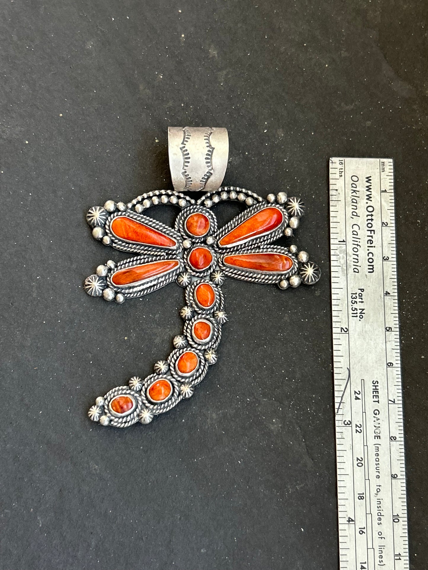 Sterling Silver Orange Spiny Oyster Dragonfly Pendant – Fits Up to 15 mm Beads – Artist Shay Pfeiffer