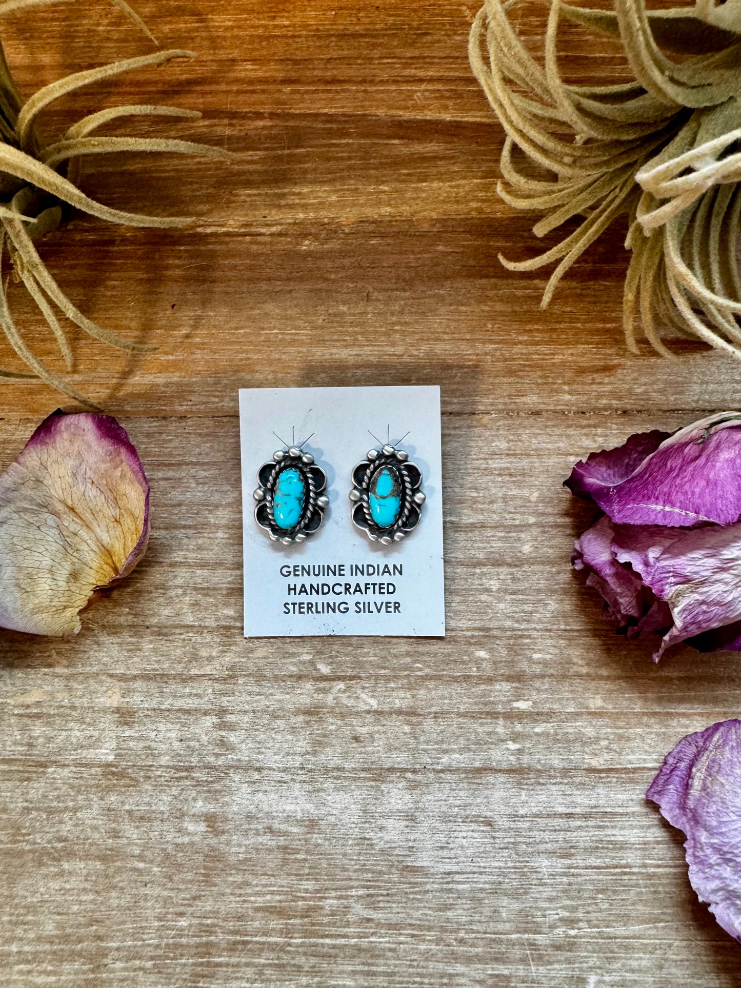 Kingman turquoise stud earrings with sterling silver pearl detail, Native made by L. Silversmith in the USA