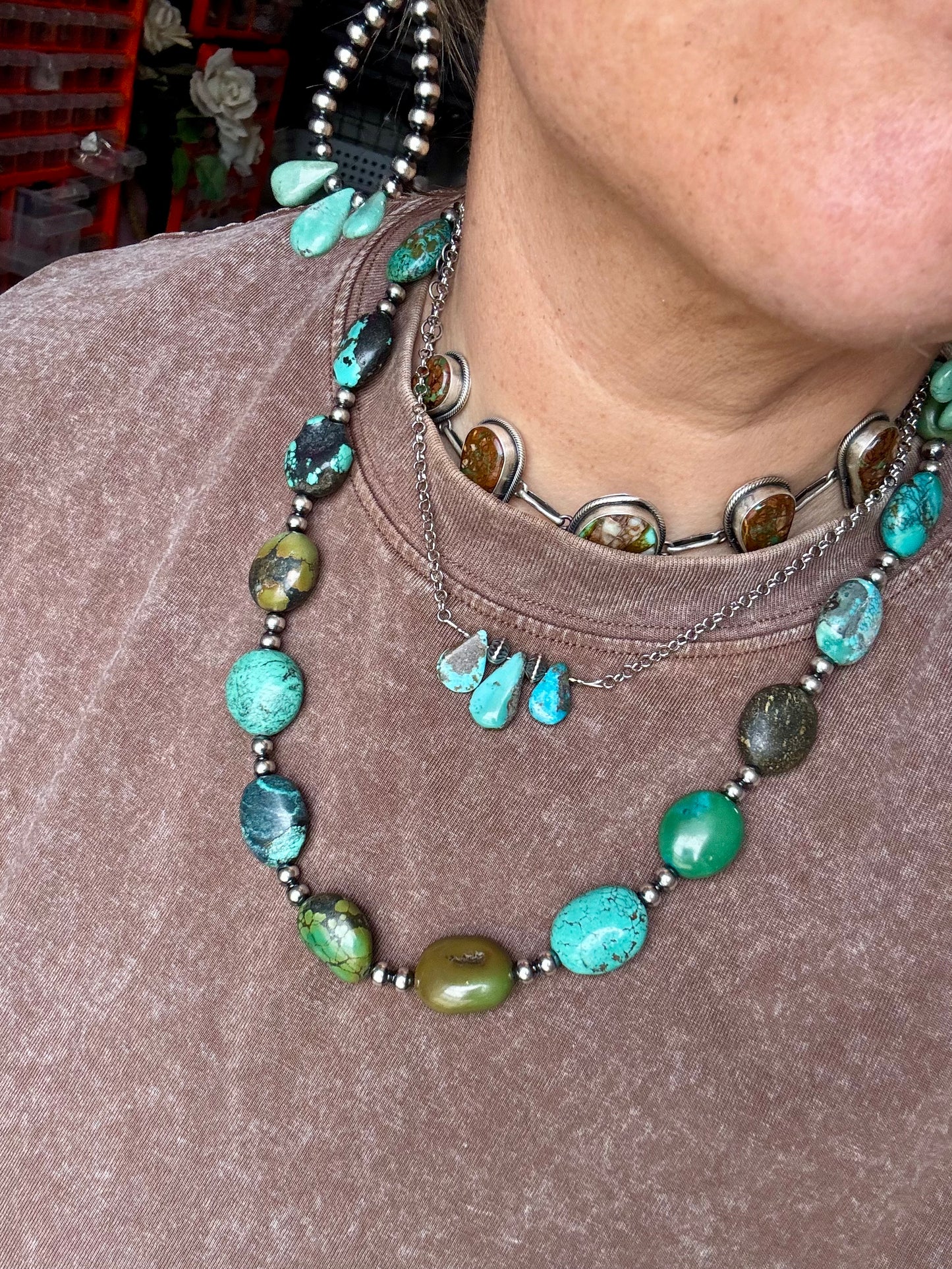 16-inch handmade necklace with bright blue turquoise and sterling silver pearls, made in Texas