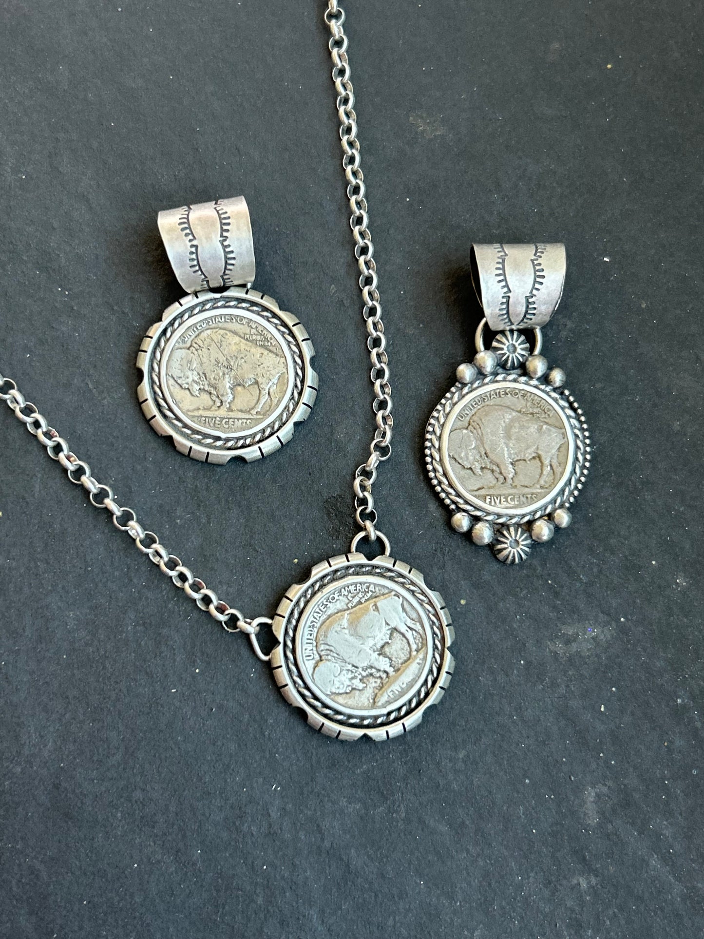 Sterling Silver Buffalo Nickel Necklace – Filed Frame Border – 18” Fixed Chain – Artist Jason Ogg
