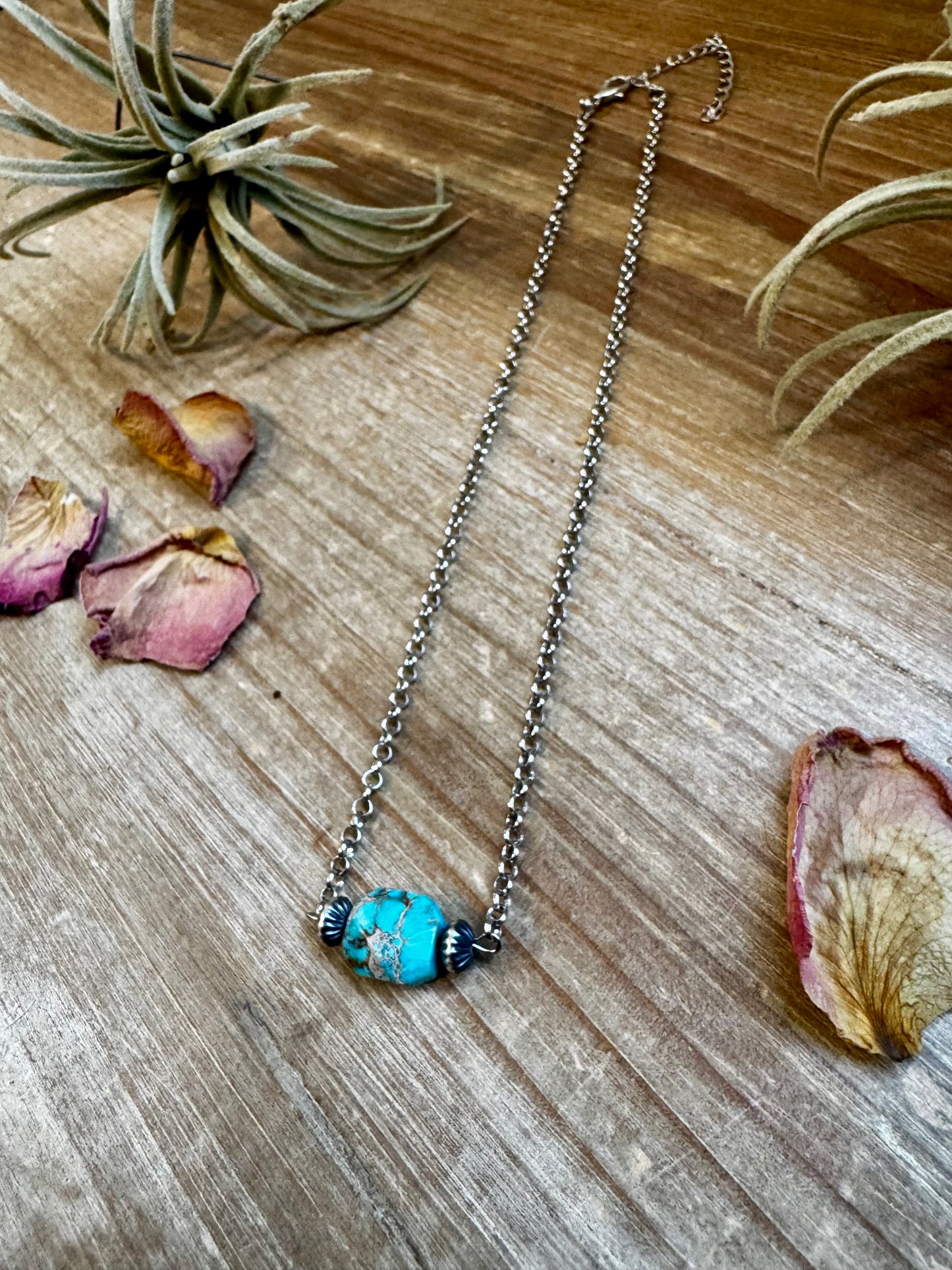 Turquoise Variscite necklace with sterling silver saucer pearls on a 16-inch silver-plated box chain. Handmade in the USA by The Bijoux FAB, featuring a unique hand-selected stone.