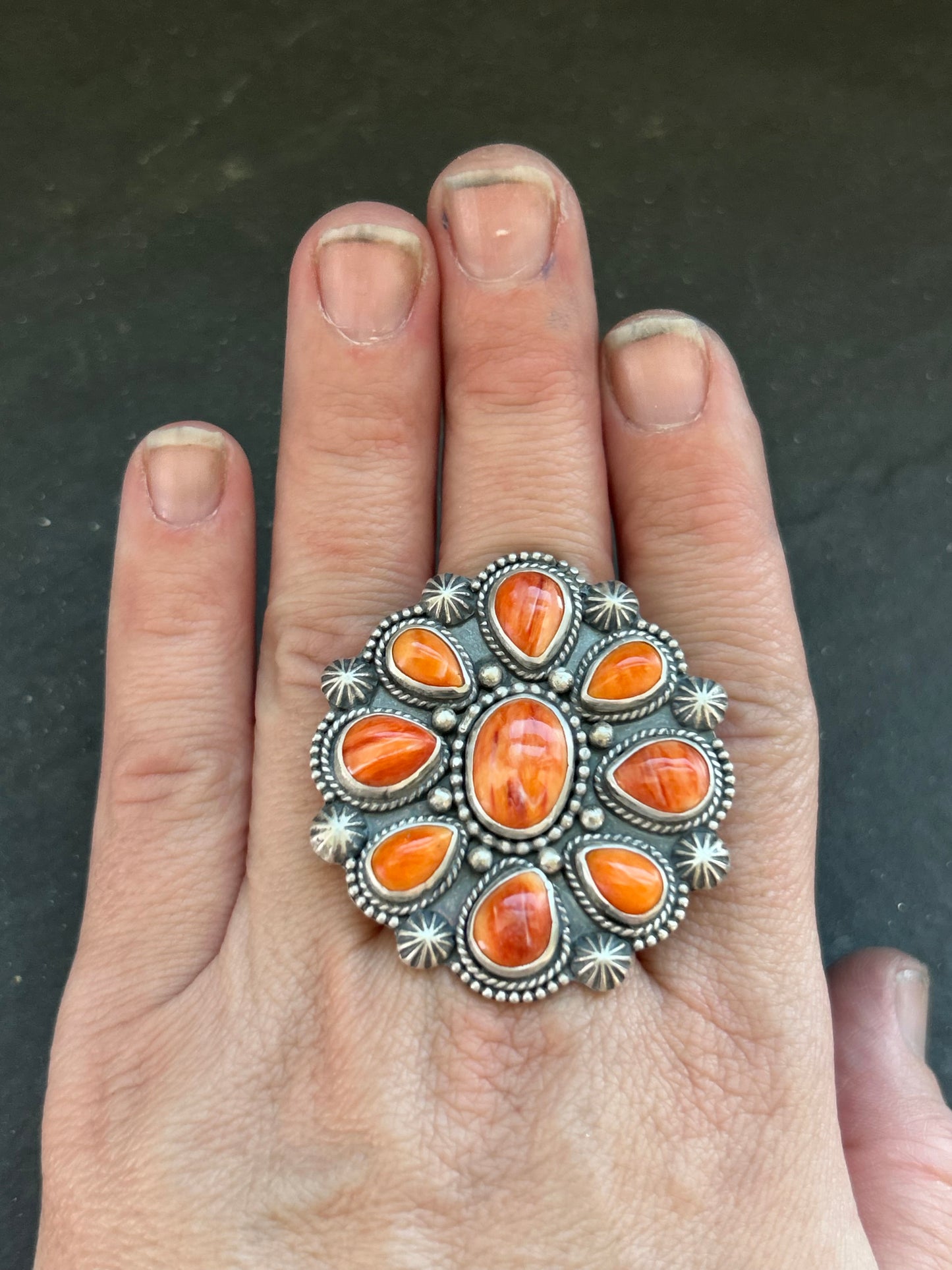 Sterling Silver Orange Spiny Oyster Cluster Ring – Size 9 – Artist Shay Pfeiffer
