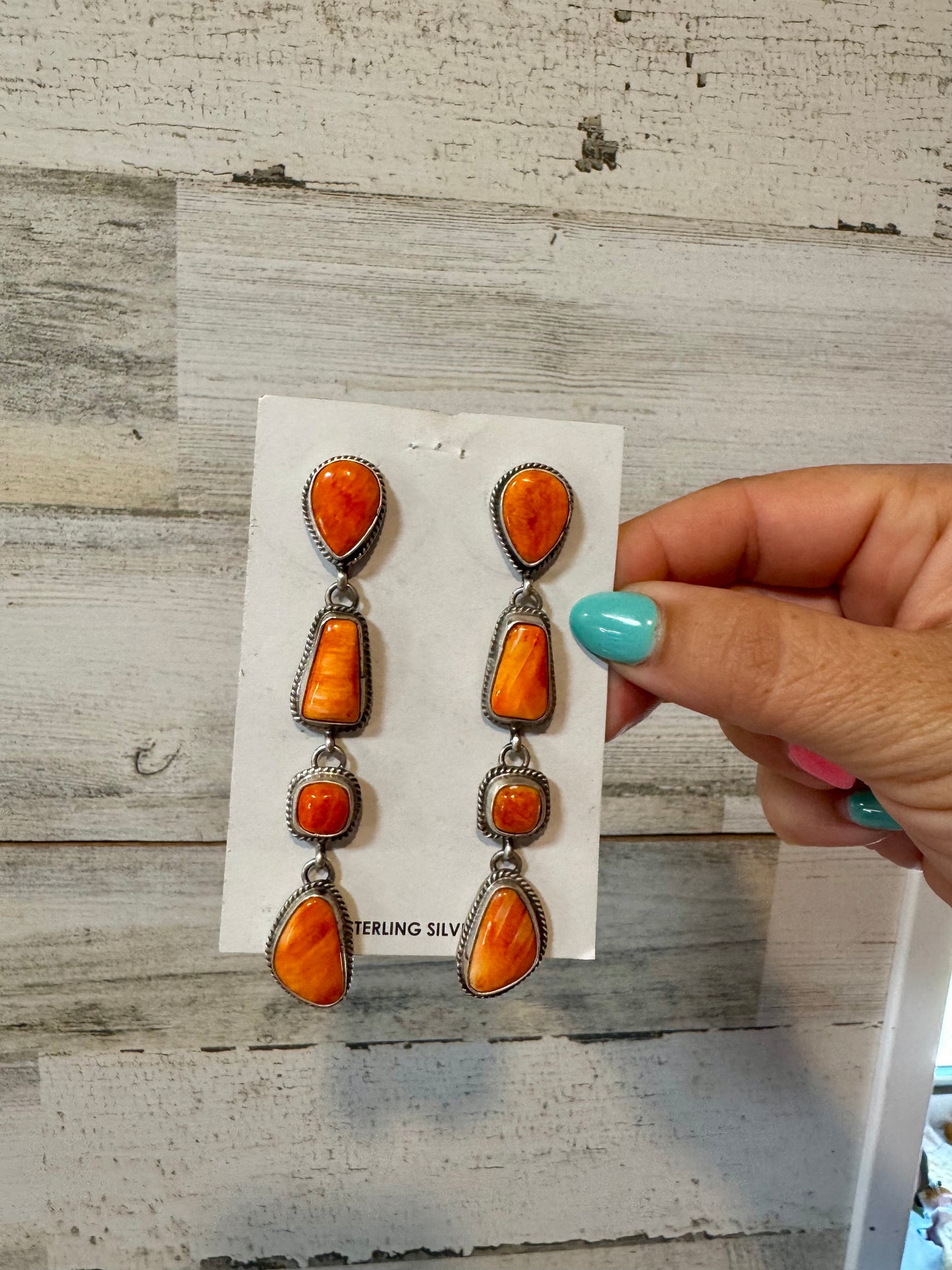 Spiny Oyster Dangle Earrings – Sterling Silver – Native Made by Marcella James