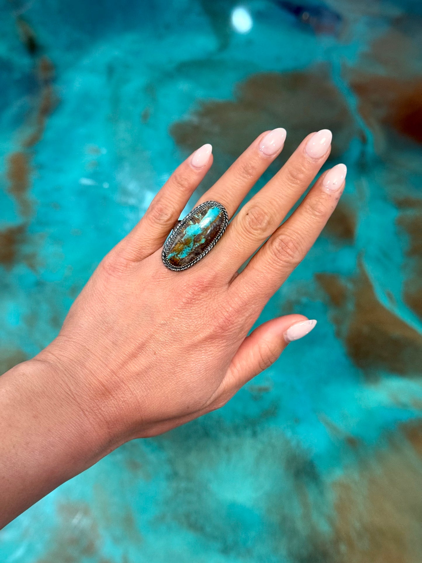MJ Long Turquoise Ring – Sterling Silver Adjustable Band