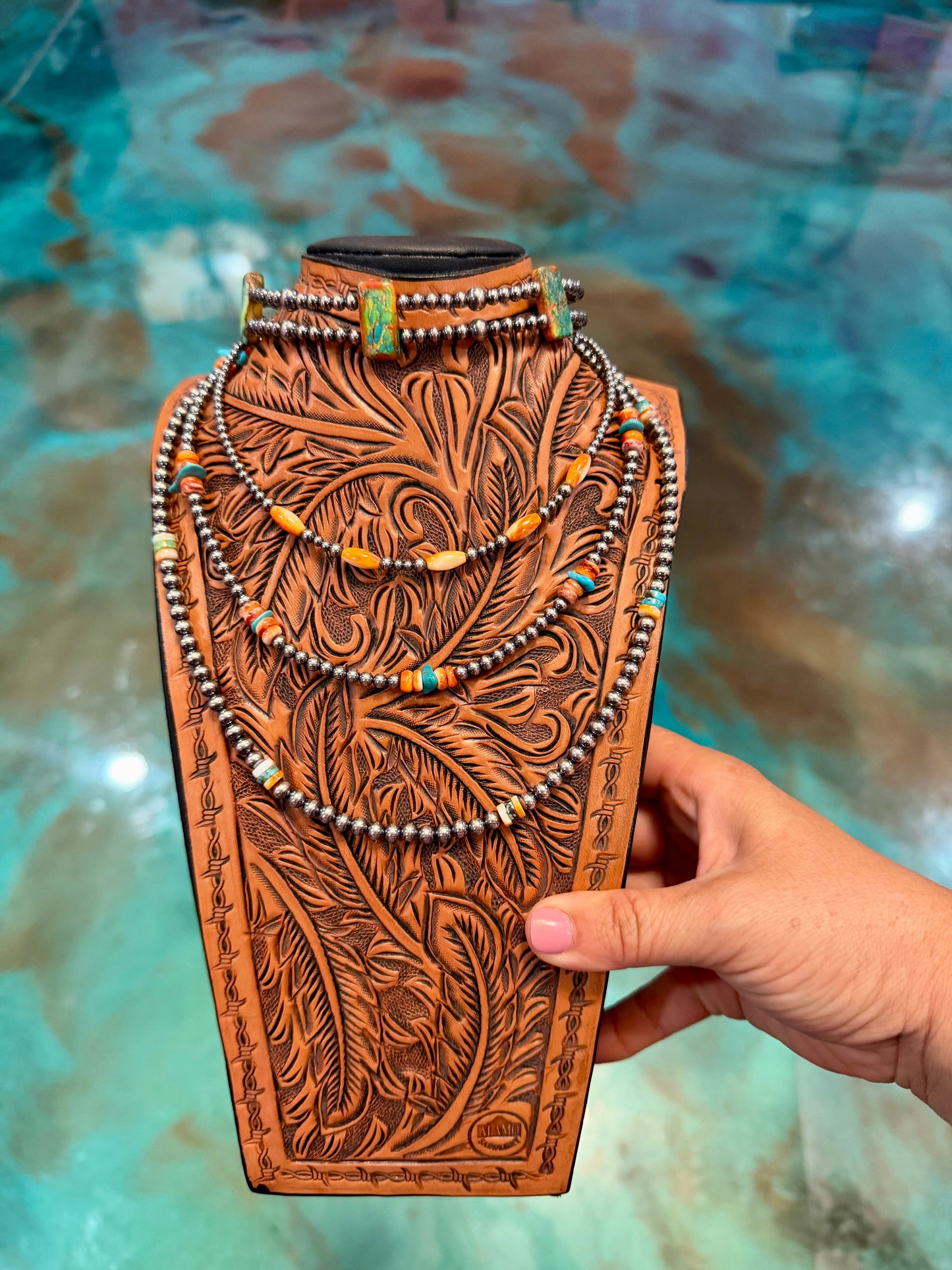Four-piece Southwest jewelry stack with sterling silver pearls, variscite, turquoise, and spiny oyster handmade by The Bijoux FAB