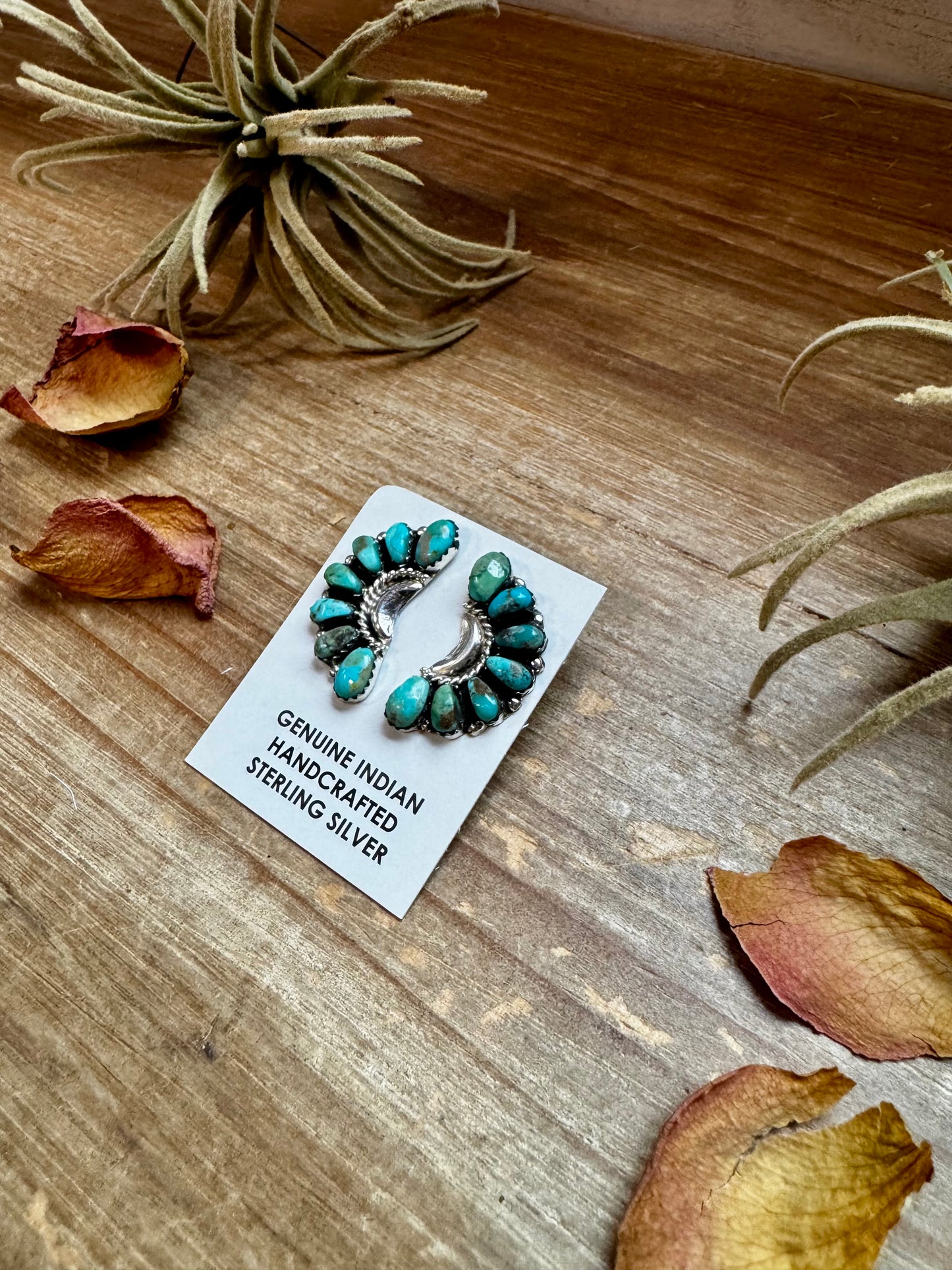 Handcrafted turquoise half cluster earrings made with genuine turquoise stones and solid sterling silver. Stamped LW. Each pair has unique color and pattern variations. Made in the USA and curated by The Bijoux FAB.