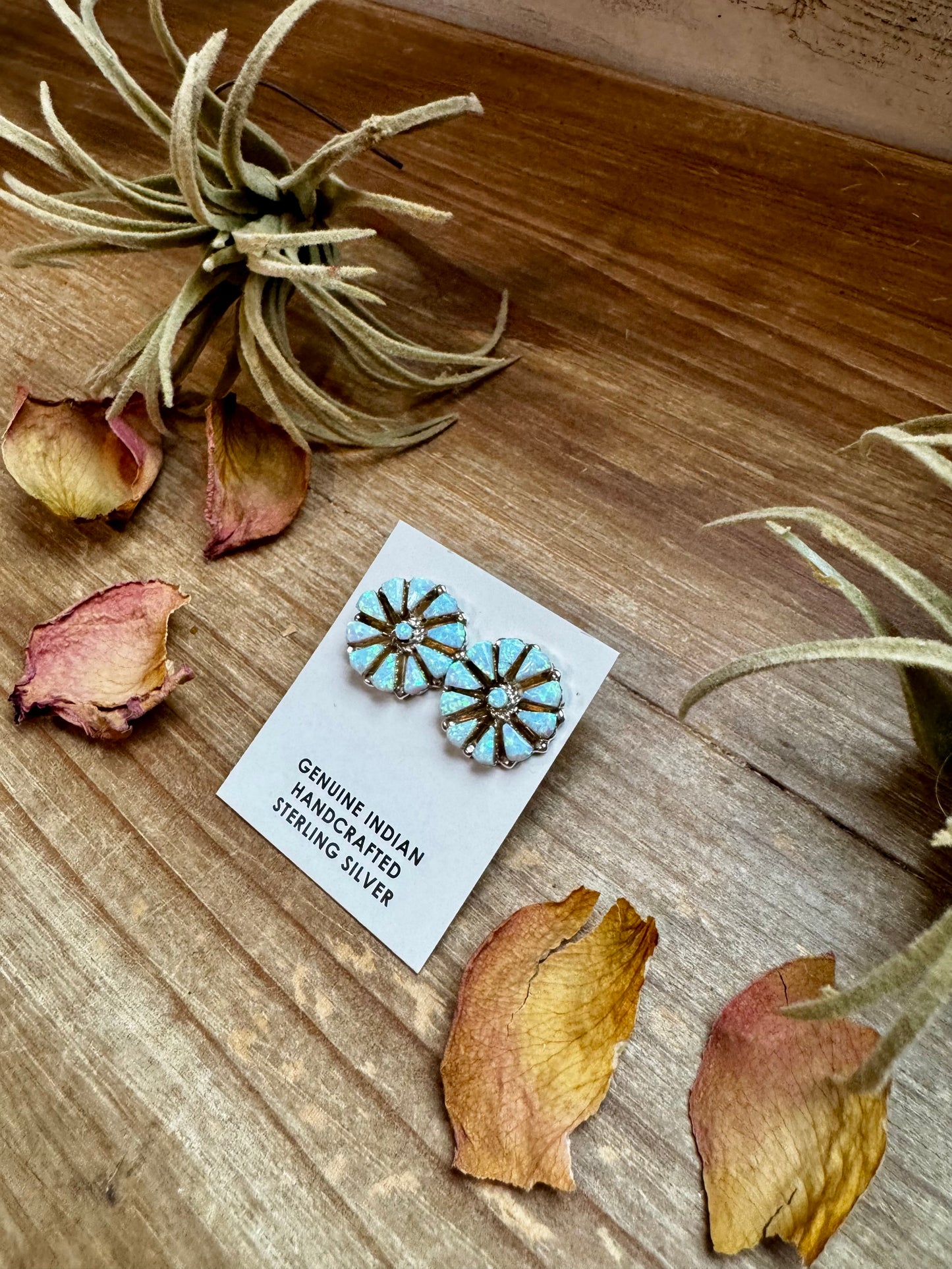 Handcrafted small cluster earrings featuring glowing white opal stones set in solid sterling silver. Stamped SD and made in the USA. Lightweight and one of a kind. Curated by The Bijoux FAB.