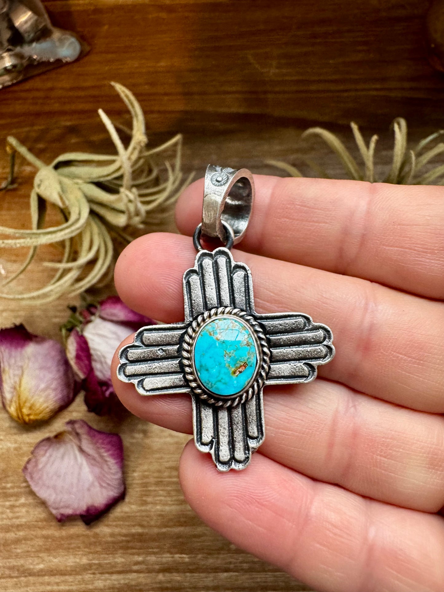 Zia Symbol Pendant with Sonoran Gold Turquoise – Sterling Silver – Native Made by K. Billah – Fits 8mm