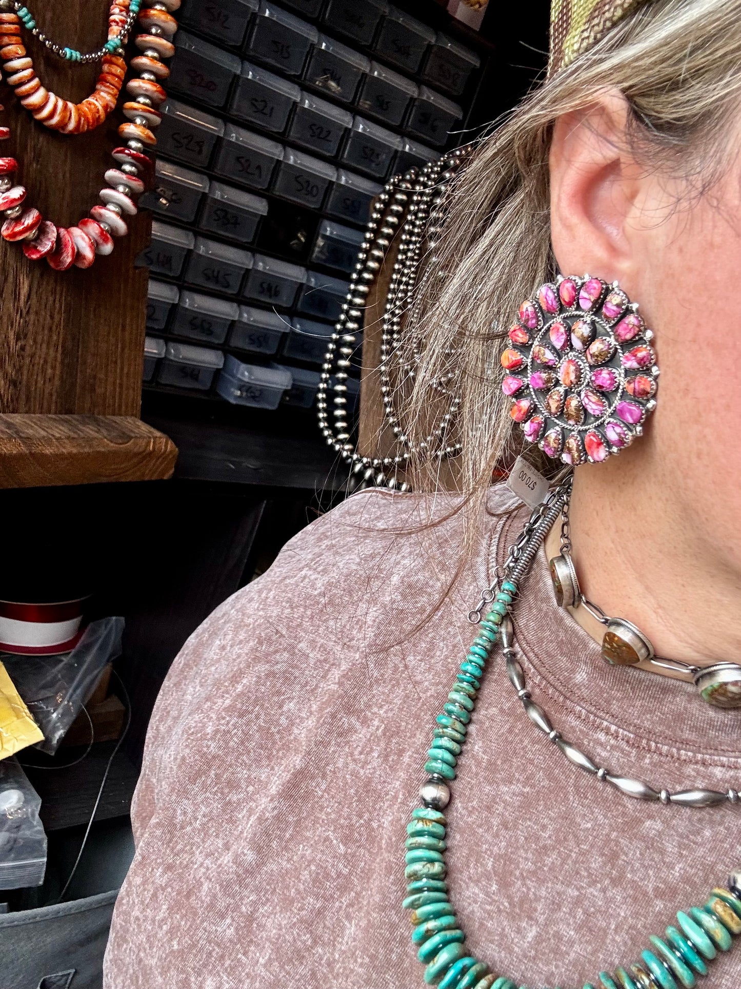 Oversized handcrafted cluster earrings featuring vibrant Pink Dahlia stones set in solid sterling silver. Stamped DLW. Made in the USA. One of a kind. Curated by The Bijoux FAB.