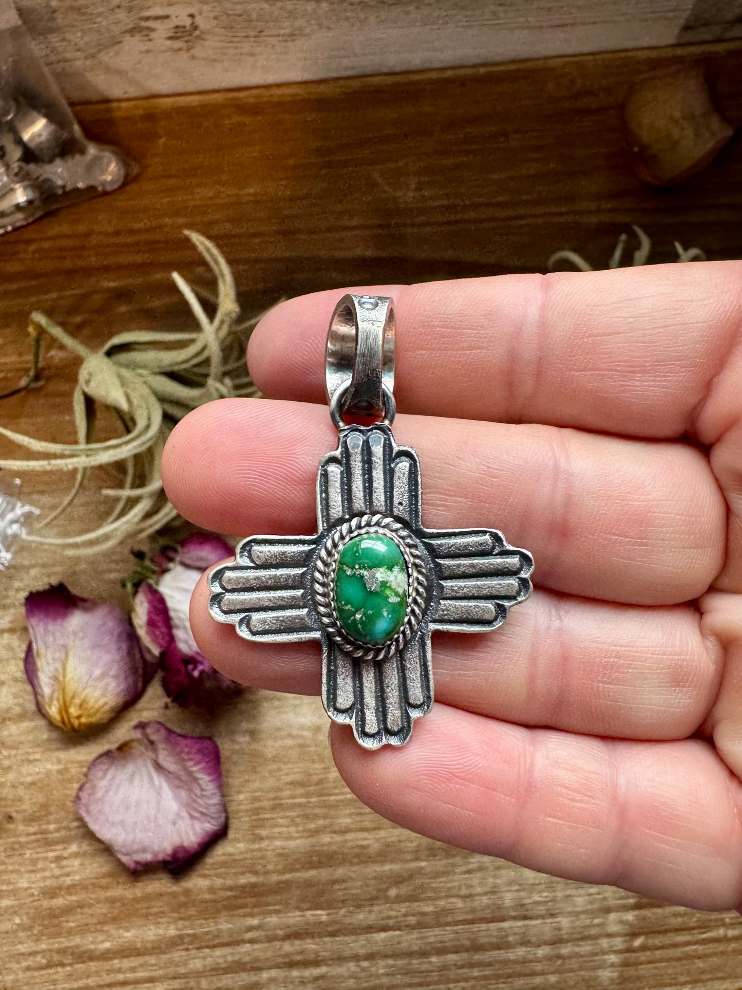 Zia Symbol Pendant with Green Sonoran Gold Turquoise – Sterling Silver – Native Made by K. Billah – Fits 8mm