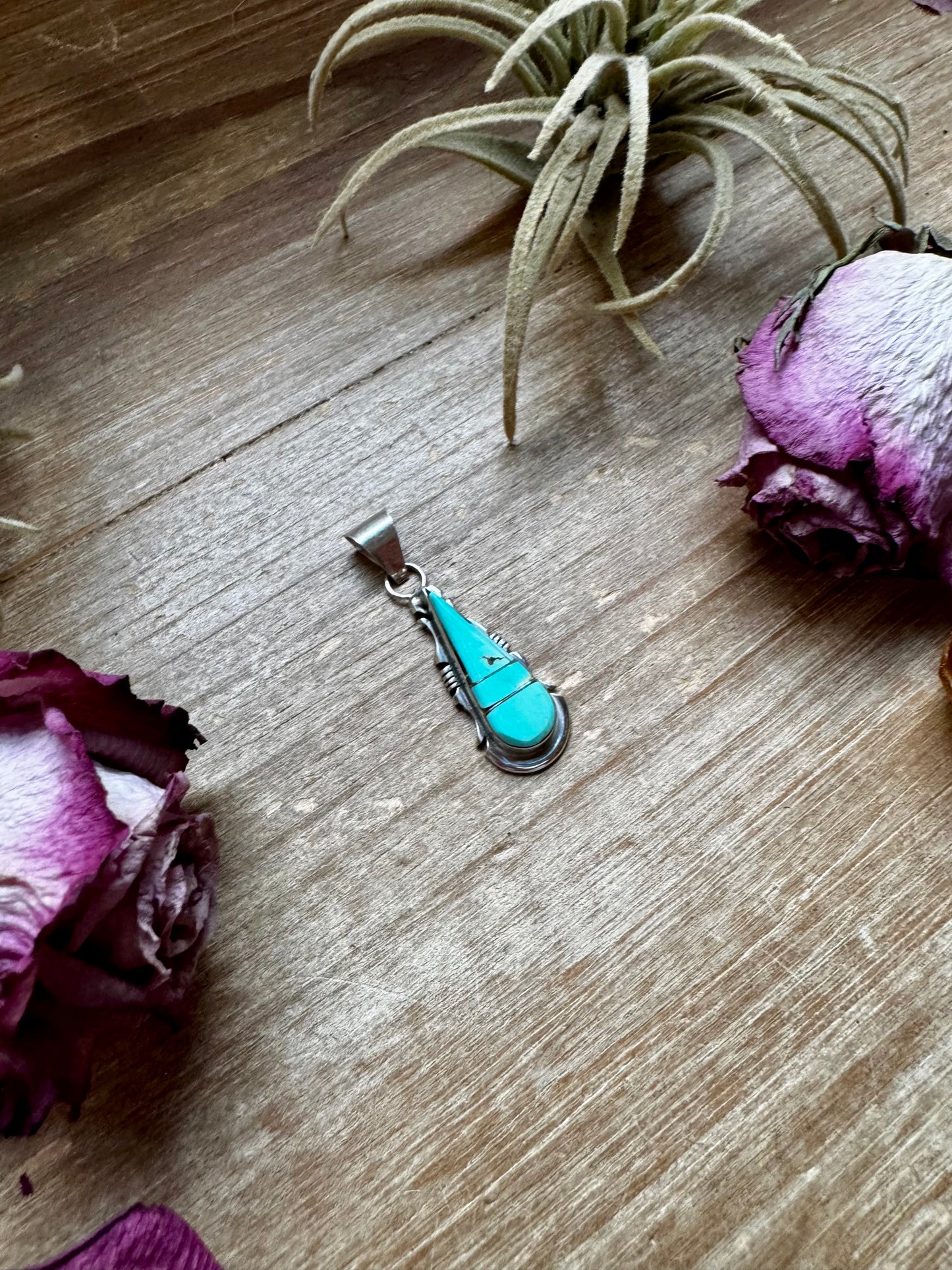 Teardrop Pendant with Kingman Turquoise – Option 2 – Sterling Silver – Native Made by SF – Fits 5mm