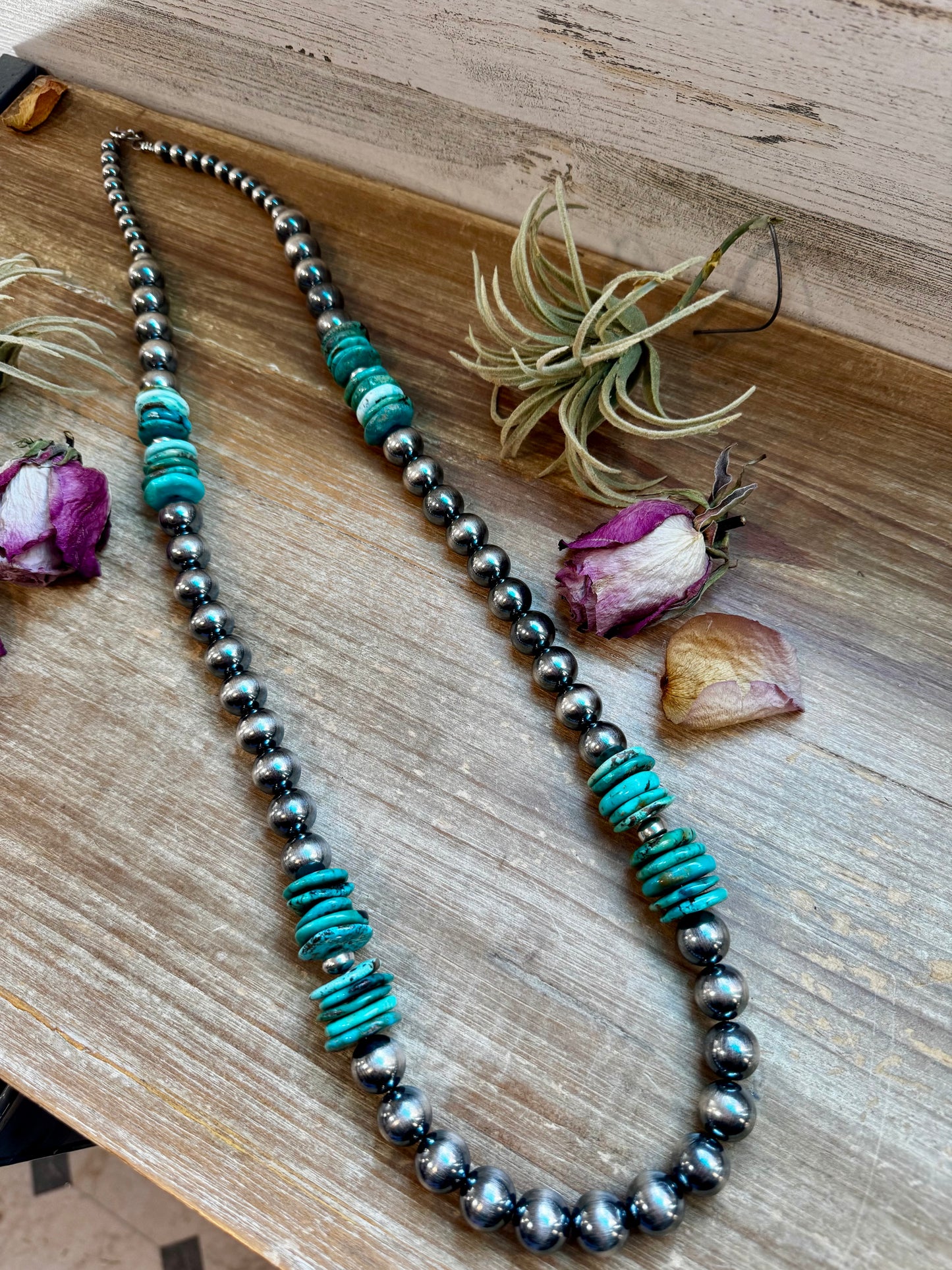 NFR Collection Necklace – 8mm, 10mm & 14mm Sterling Silver Pearls with Turquoise – Handmade by The Bijoux FAB – 37"
