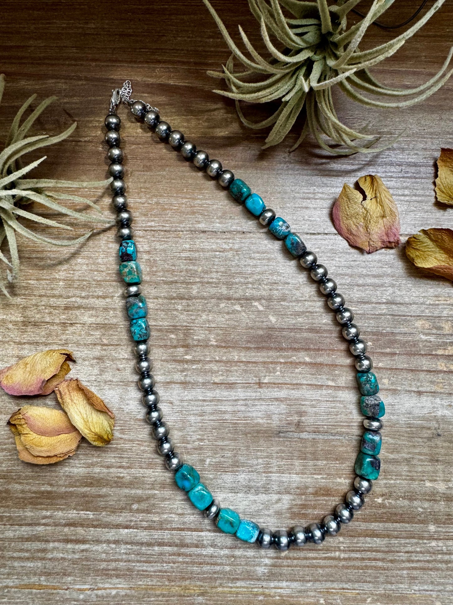 Sterling silver and blue turquoise necklace, 8 mm pearls with rectangular turquoise stones, 20 ½ inches long with extender, handmade by The Bijoux FAB