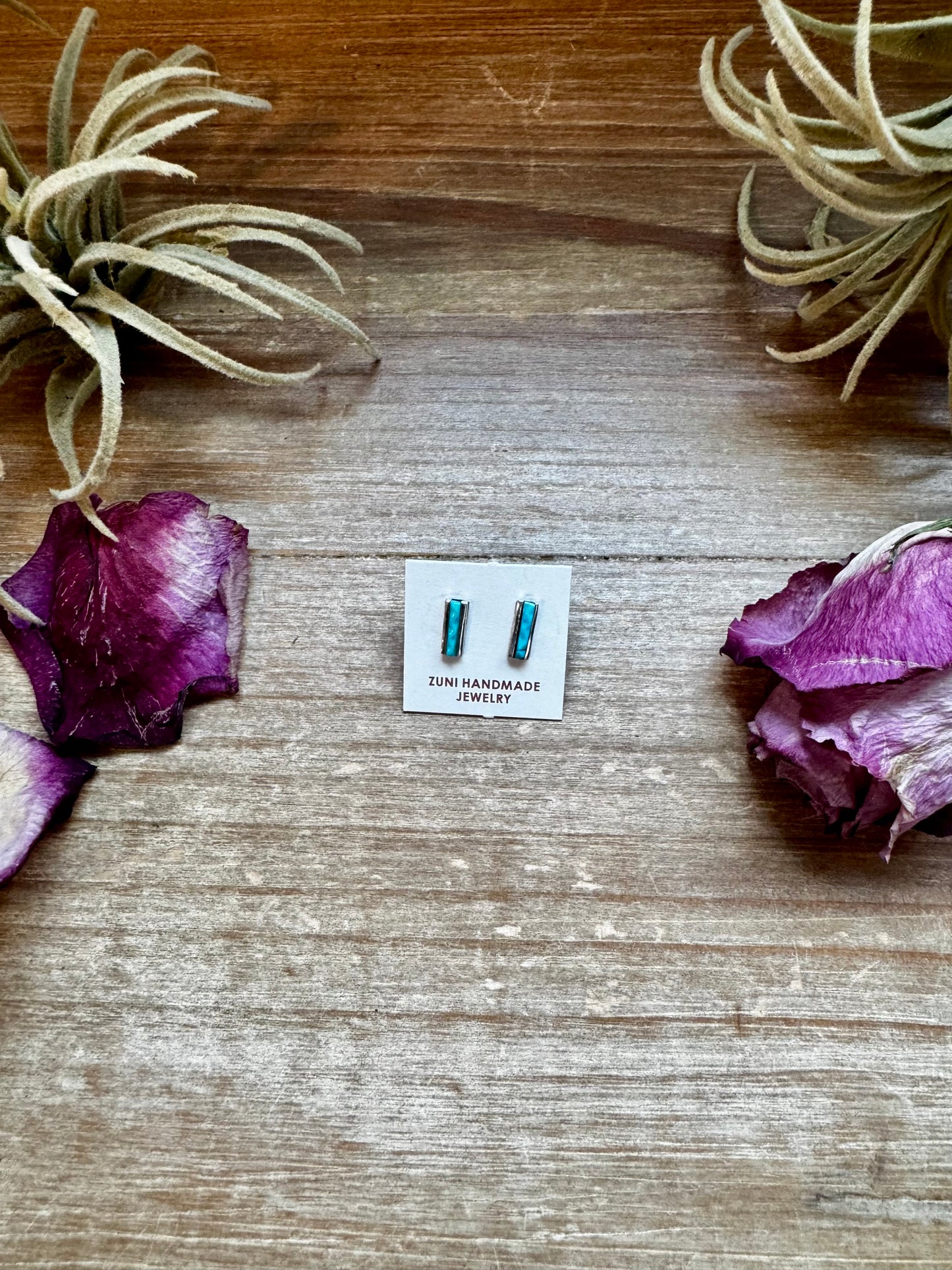 Mini rectangle stud earrings with Kingman turquoise in sterling silver, Zuni made in the USA