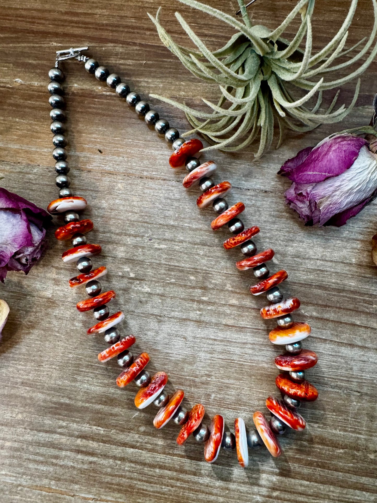 20-inch sterling silver pearl necklace with 16mm spiny oyster rondelle, handmade by The Bijoux FAB in the USA, NFR Collection