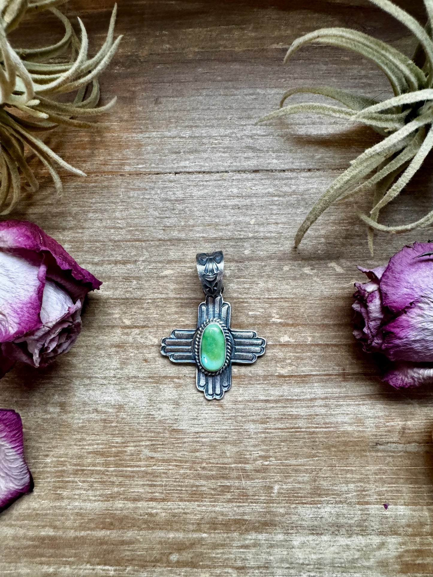 Sterling silver Zia symbol pendant with Sonoran Gold turquoise, stamped K. Billah, Native made in the USA, fits 8mm pearls