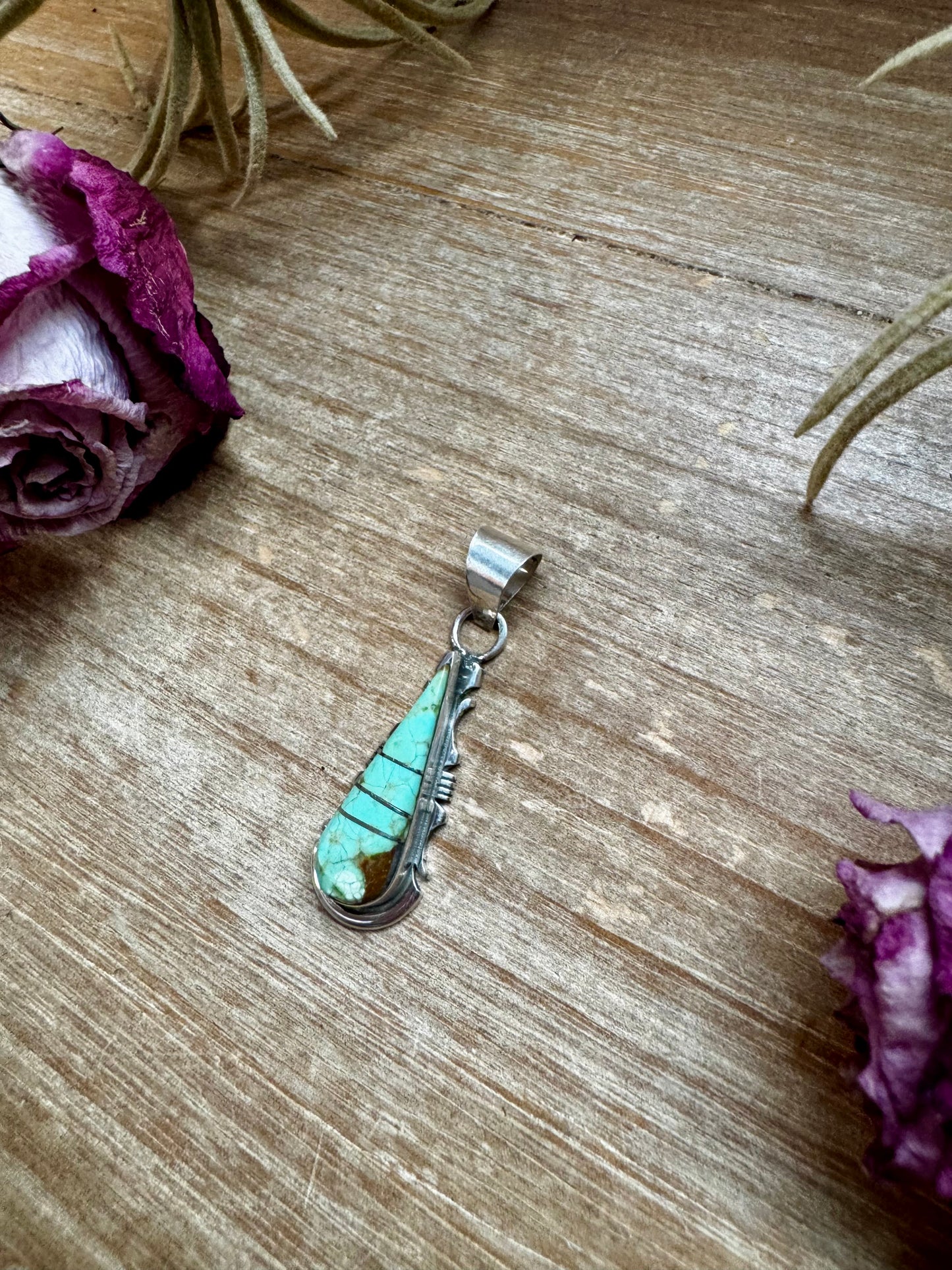 Teardrop Pendant with Kingman Turquoise – Option 3 – Sterling Silver – Native Made by SF – Fits 5mm