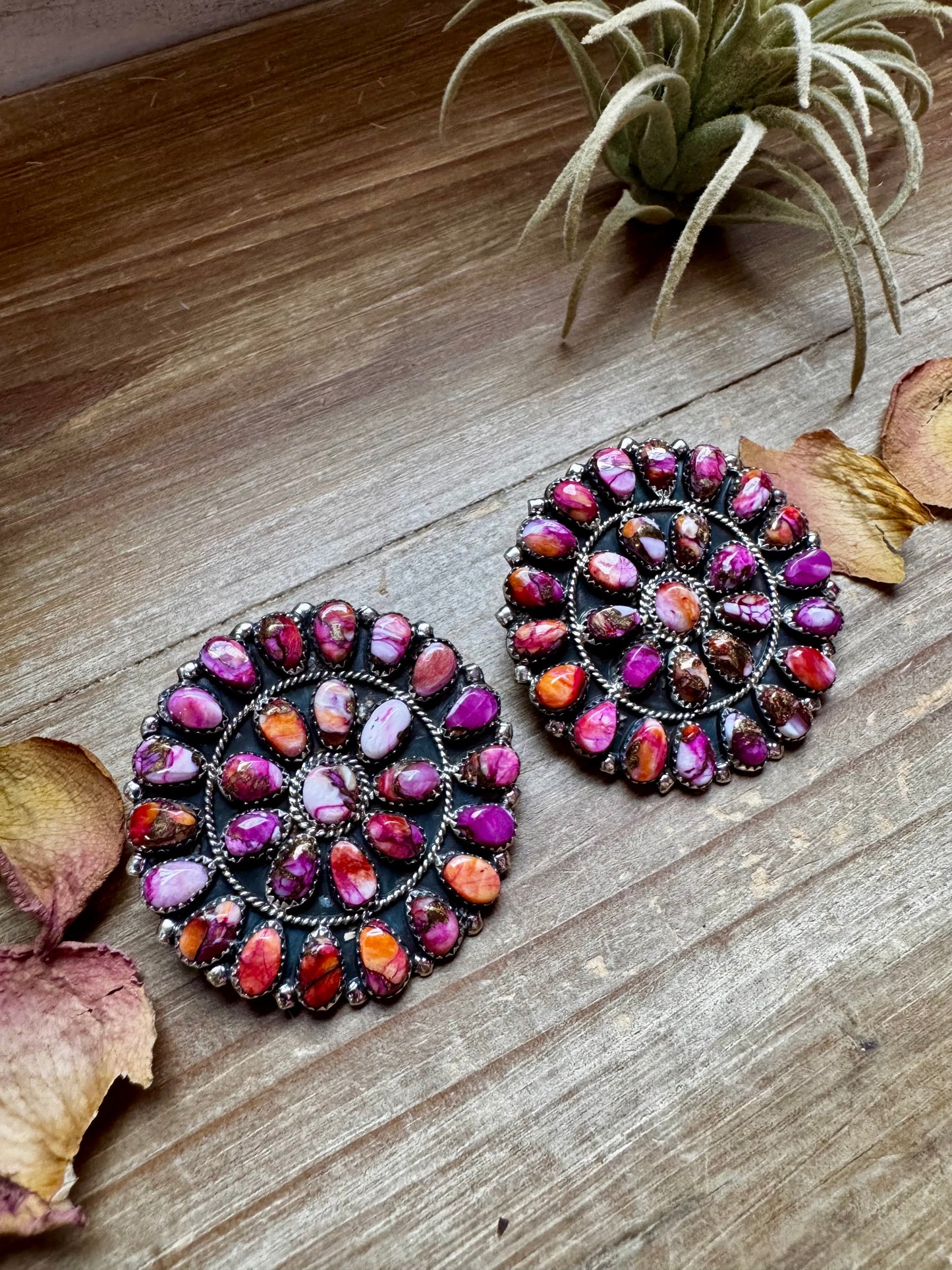 Oversized handcrafted cluster earrings featuring vibrant Pink Dahlia stones set in solid sterling silver. Stamped DLW. Made in the USA. One of a kind. Curated by The Bijoux FAB.