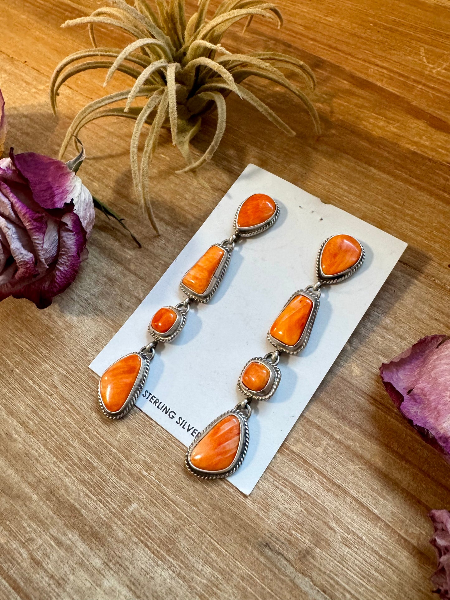 Spiny Oyster Dangle Earrings – Sterling Silver – Native Made by Marcella James