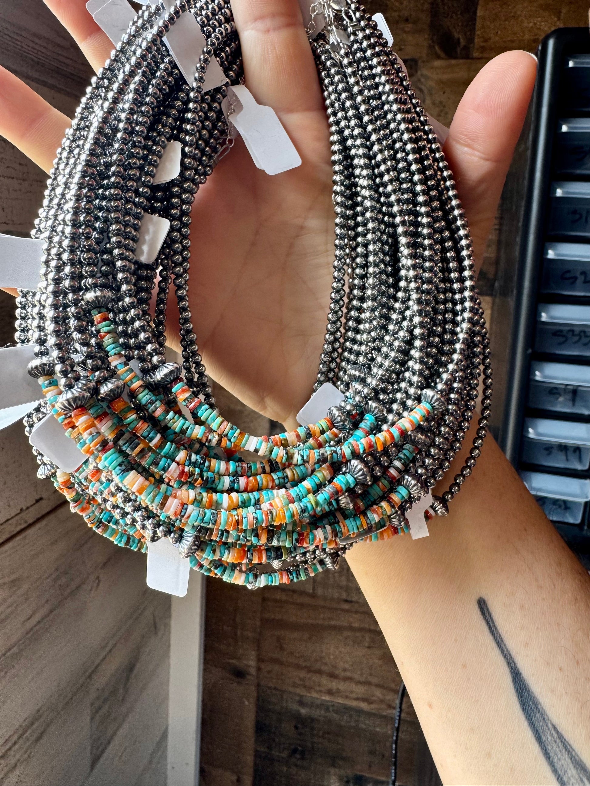 Handmade sterling silver pearl choker with turquoise-dominant heishi beads and spiny oyster accents, 14 inches + extender, made by The Bijoux FAB