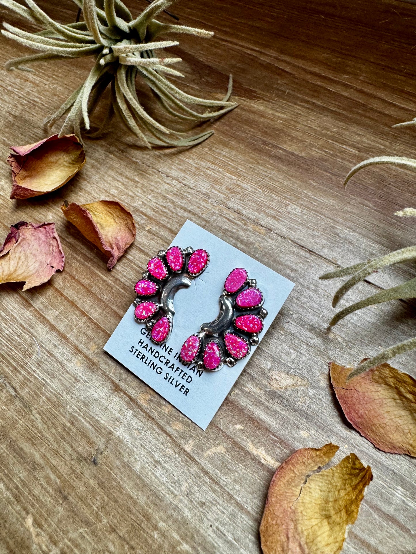 Handcrafted half cluster earrings featuring vibrant bright pink opal stones set in solid sterling silver. Stamped DLW and made in the USA. Each pair is naturally unique. Curated by The Bijoux FAB.