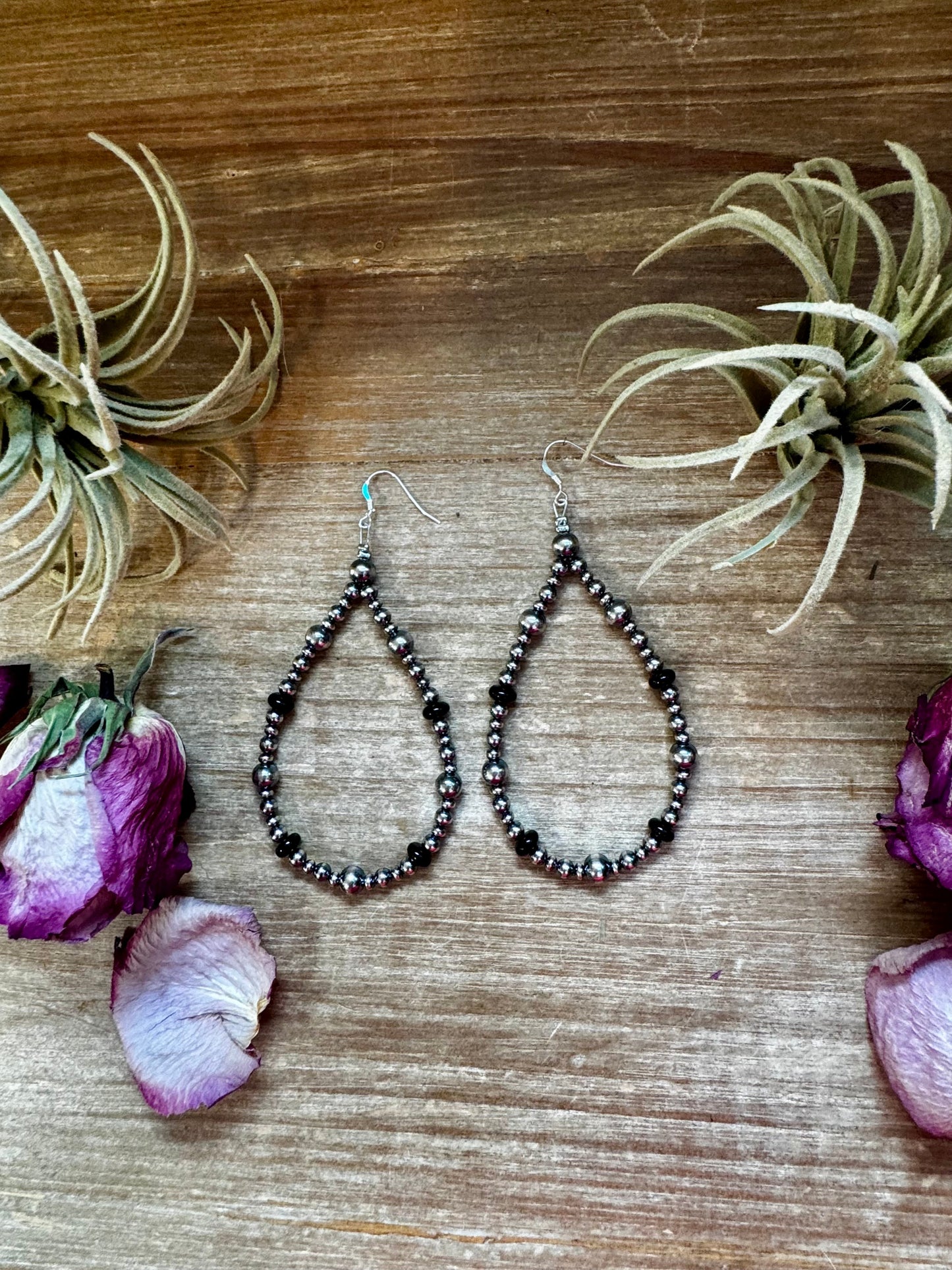 Sterling silver pearl earrings with 3mm, 4mm Soaucer, and 6mm pearls plus 6mm black onyx rondelle, handmade by The Bijoux FAB in the USA, 3.75 inches long