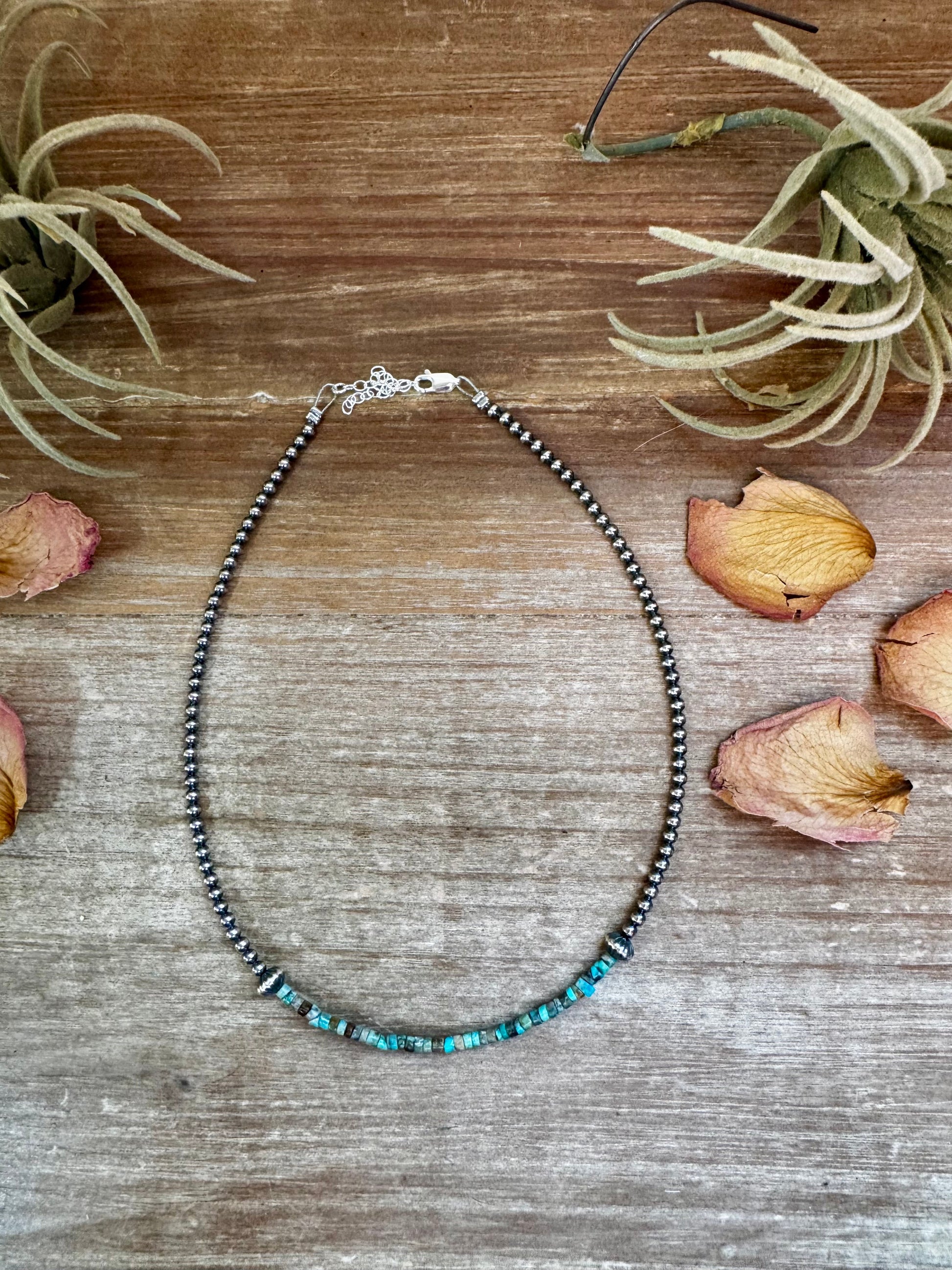 14-inch handmade choker with 3mm blue-green turquoise heishi and sterling silver beads, made in USA by The Bijoux FAB