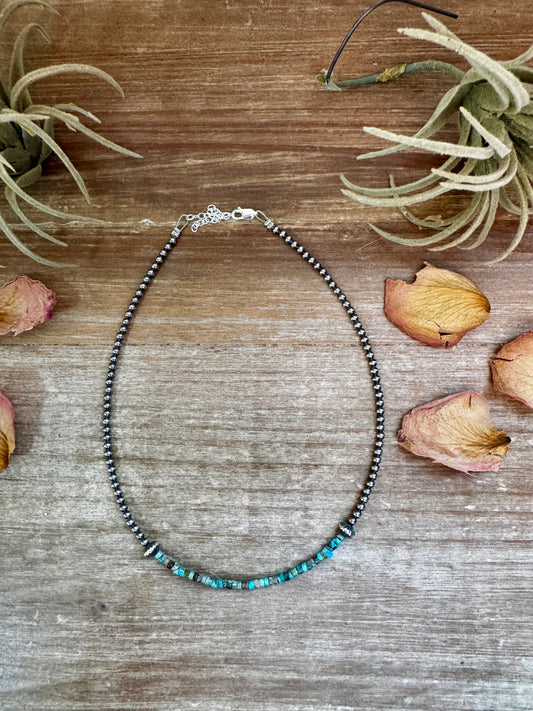 14-inch handmade choker with 3mm blue-green turquoise heishi and sterling silver beads, made in USA by The Bijoux FAB