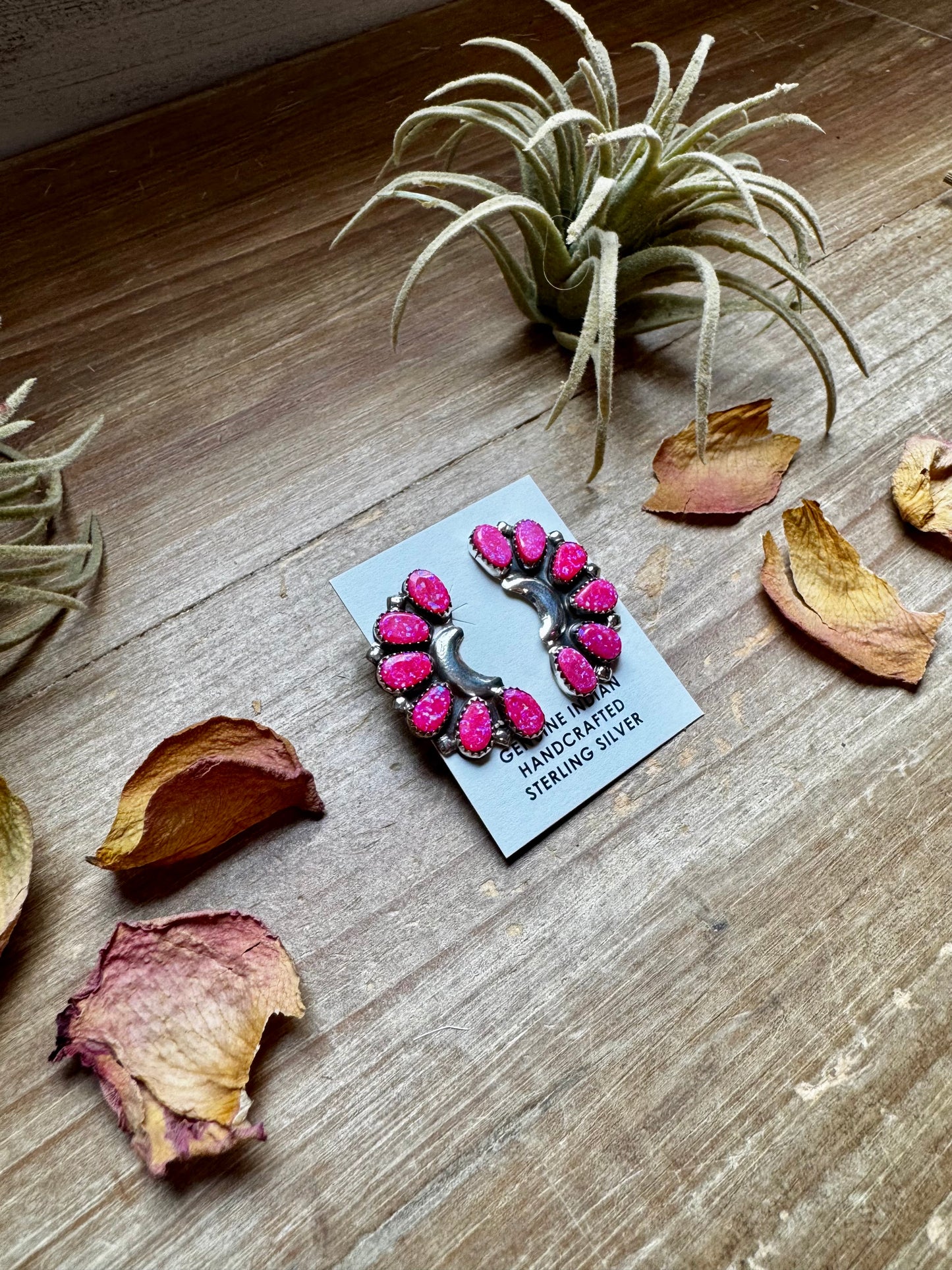 Handcrafted half cluster earrings featuring vibrant bright pink opal stones set in solid sterling silver. Stamped DLW and made in the USA. Each pair is naturally unique. Curated by The Bijoux FAB.
