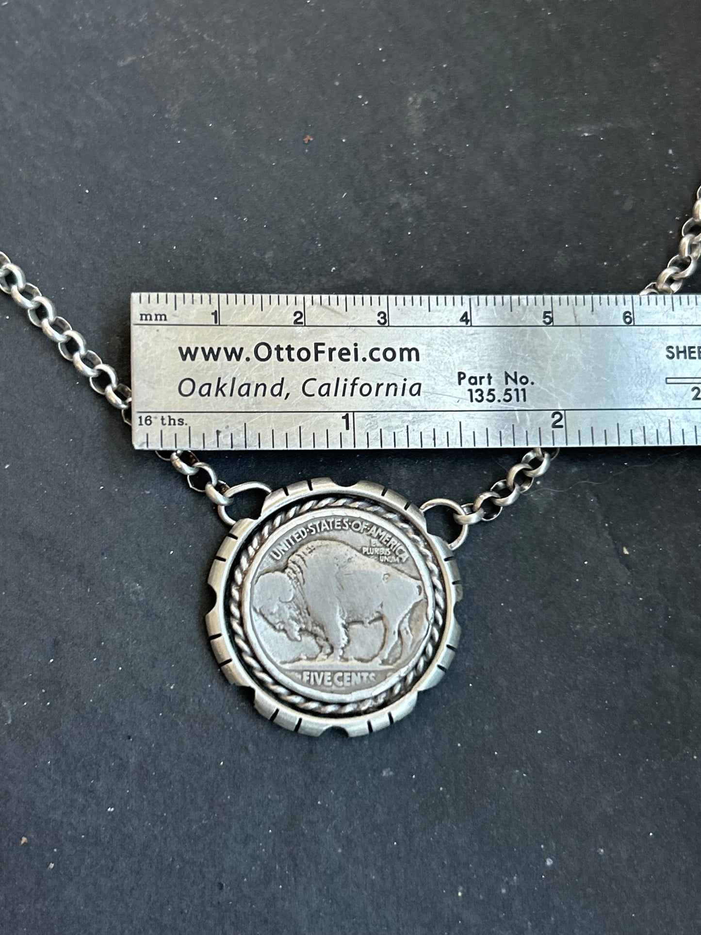Sterling Silver Buffalo Nickel Necklace – Filed Frame Border – 18” Fixed Chain – Artist Jason Ogg