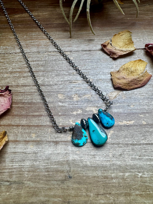 16-inch handmade necklace with bright blue turquoise and sterling silver pearls, made in Texas