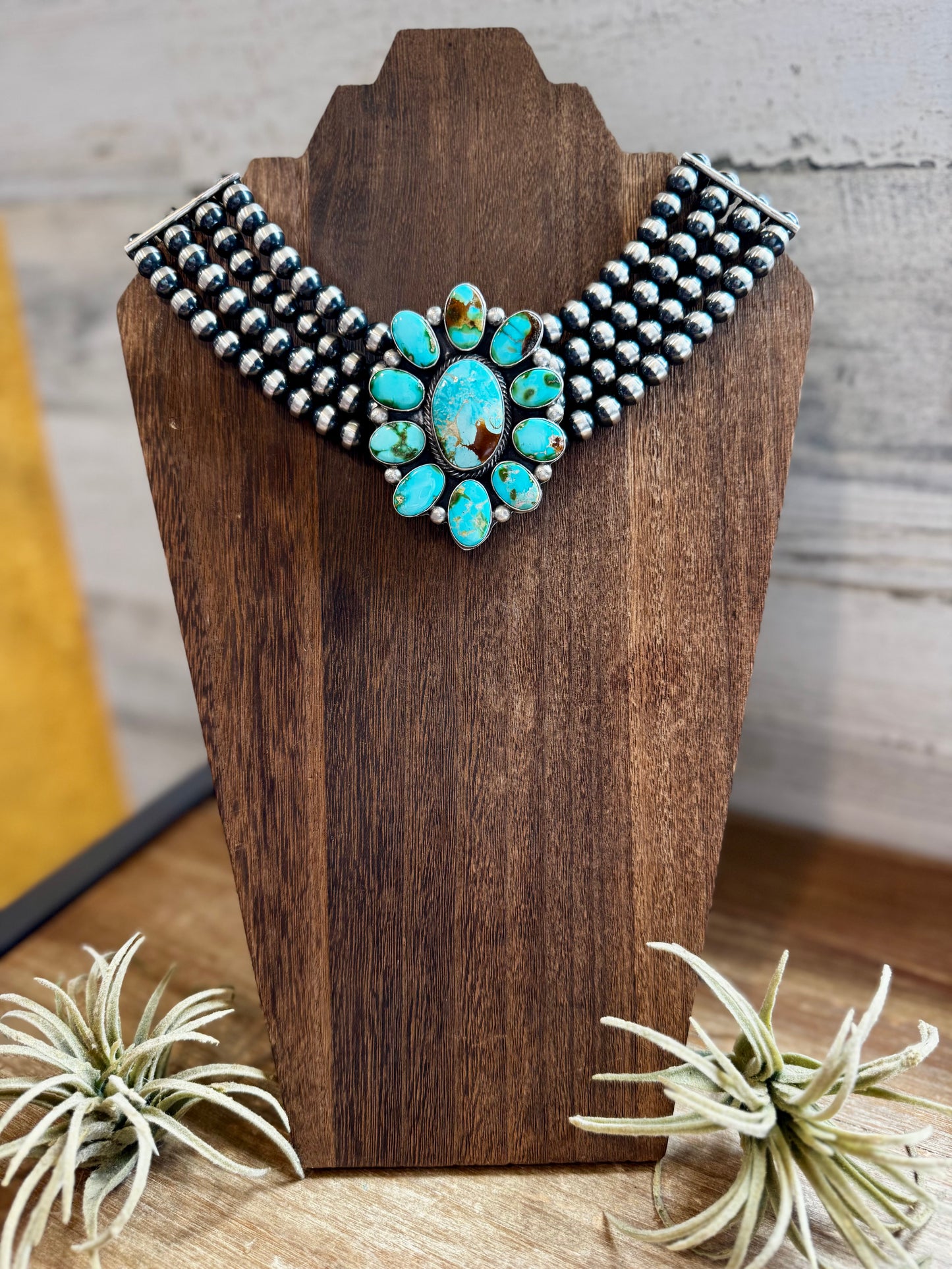 Princess-style Sonoran turquoise necklace by Emerson Thompson with 10 mm sterling silver pearls, native made