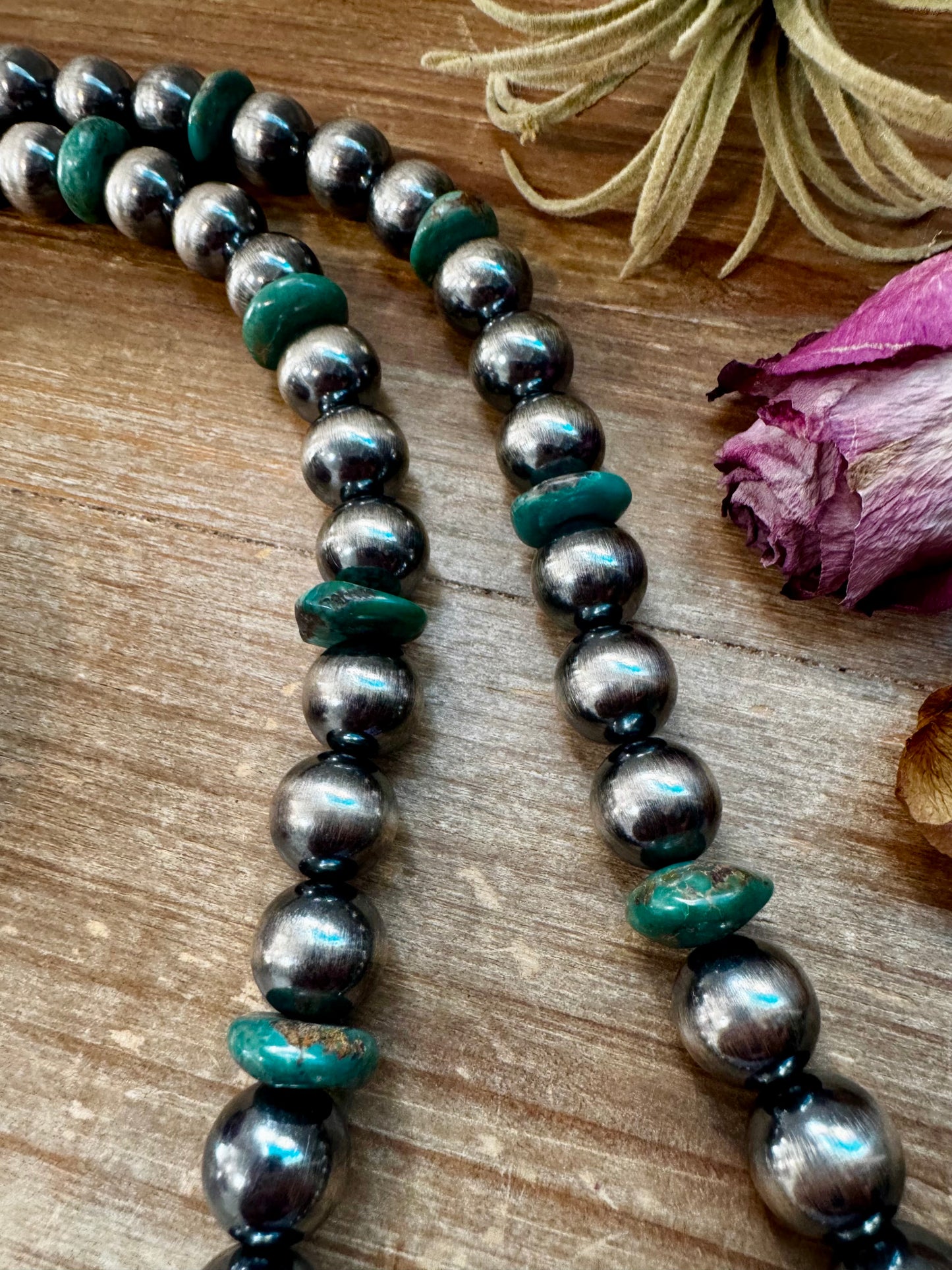 NFR Collection Necklace – 14mm Sterling Silver Pearls with 16mm Green Turquoise Rondelles – 28.5"
