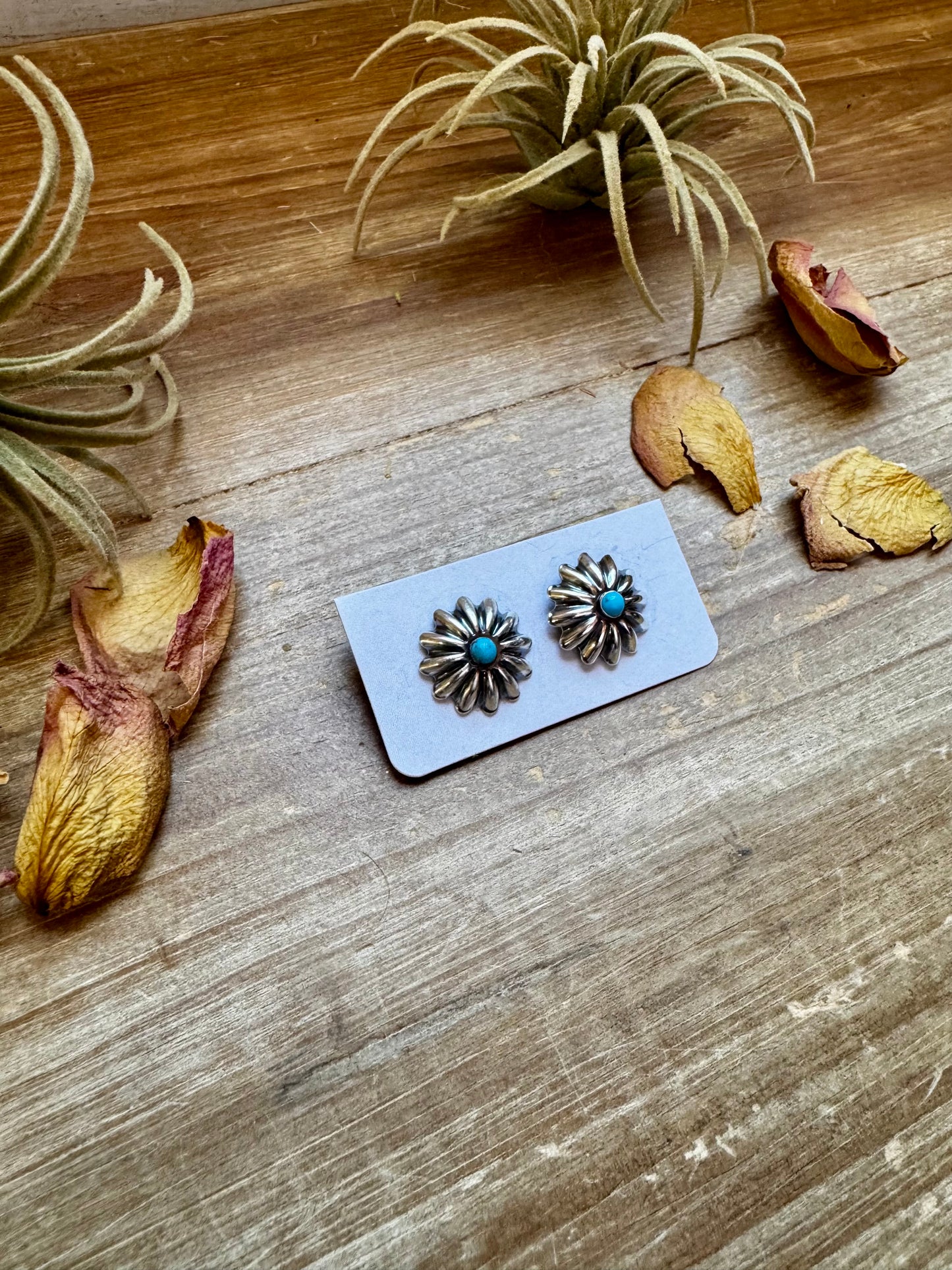 Small sterling silver concho earrings with Kingman turquoise, handmade in the USA
