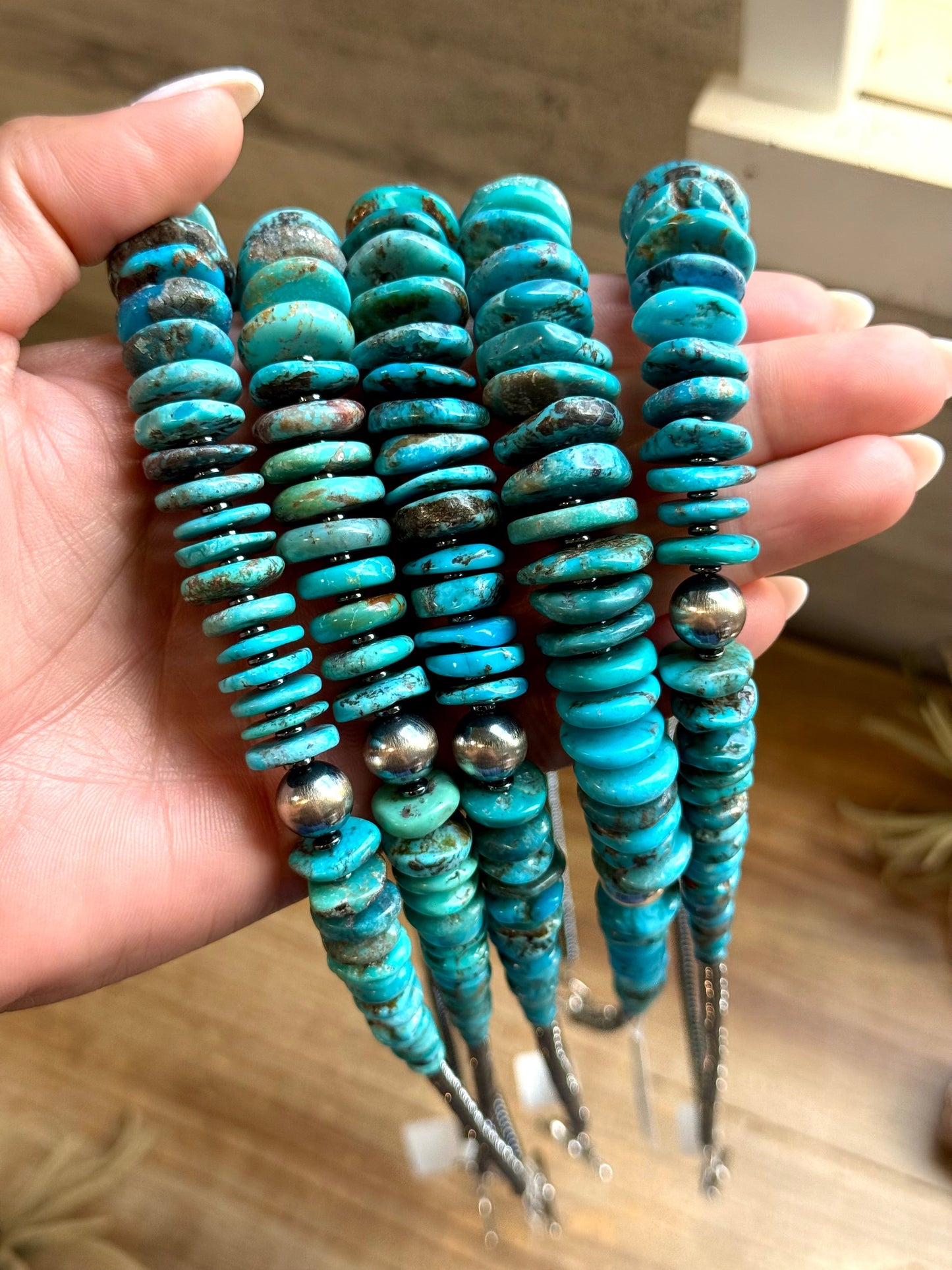 Dark Blue Turquoise Graduated Necklace with Sterling Silver Pearls & Hematite – 23”