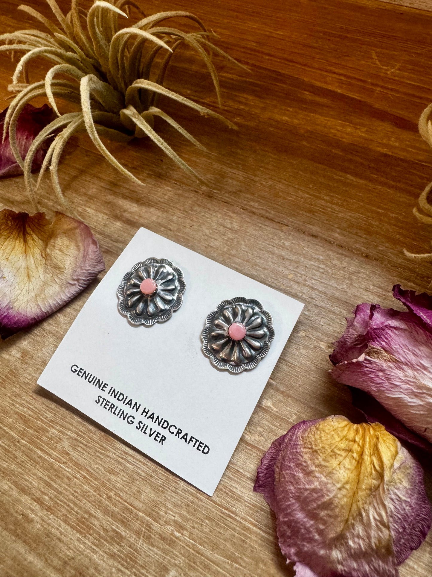 Concho Stud Earrings with Pink Conch – Sterling Silver