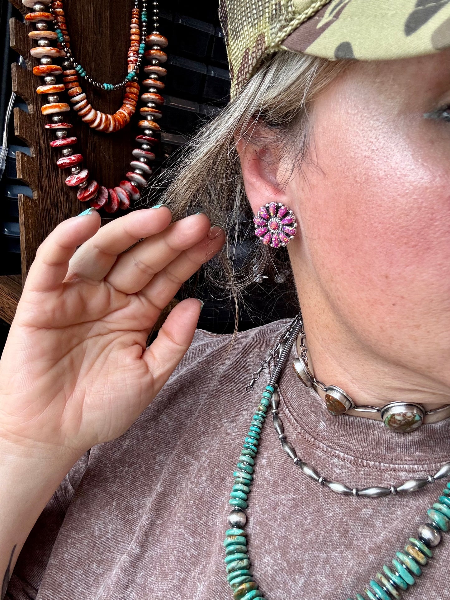 Handcrafted sterling silver cluster earrings featuring deep pink opal stones in a bold design. Stamped AN (believed to be). Made in the USA. One-of-a-kind and curated by The Bijoux FAB.