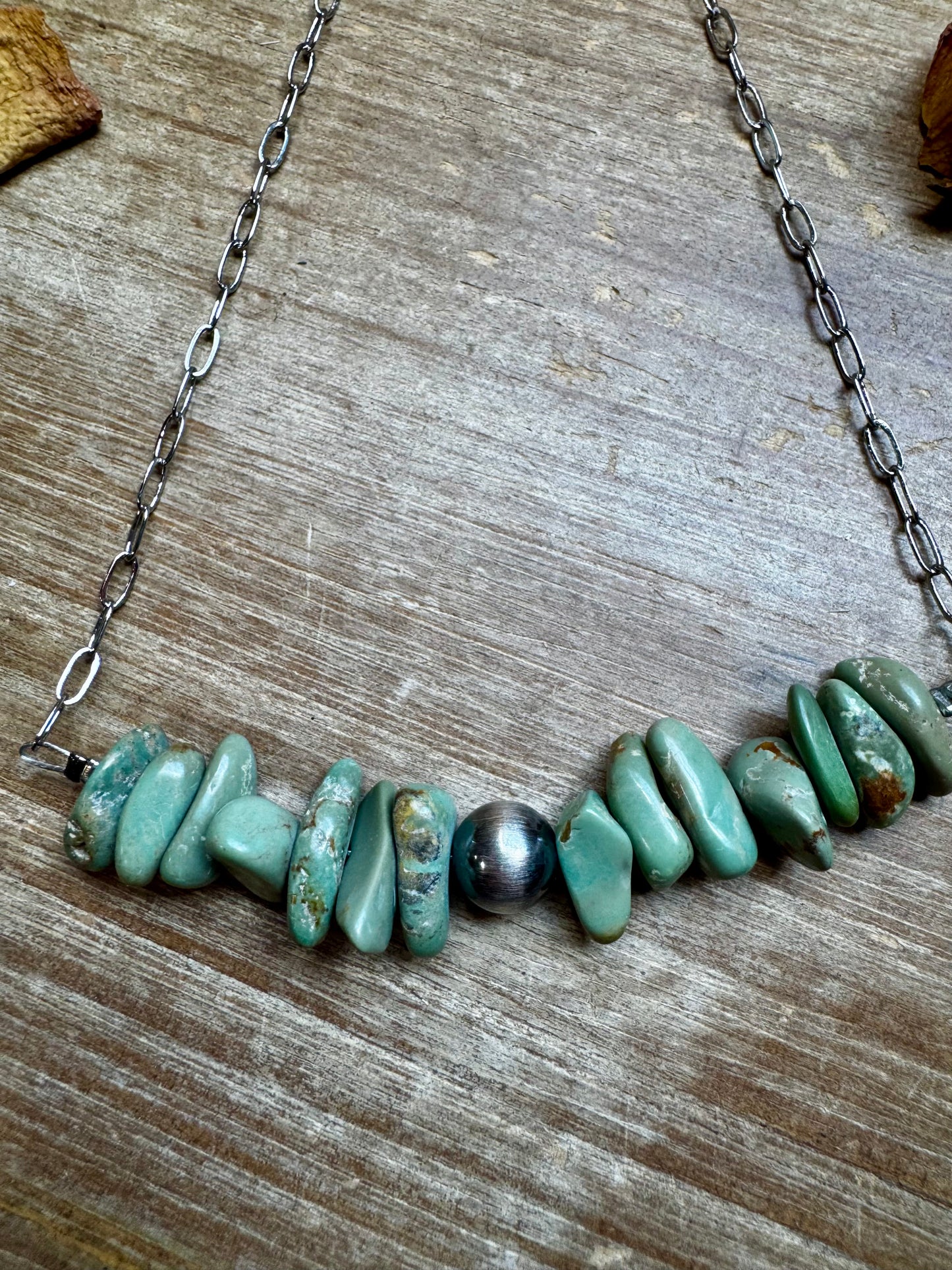 Green turquoise chip necklace with silver-plated paperclip chain and 10 mm sterling silver pearl center, handmade by The Bijoux FAB