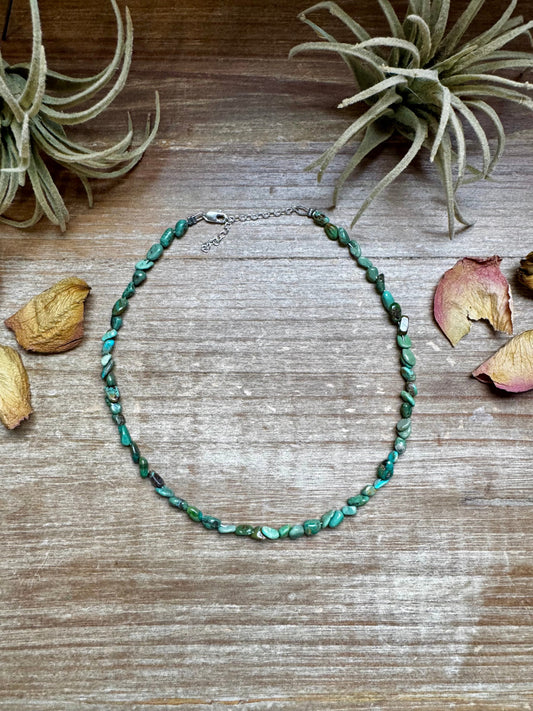 14-inch choker with uneven green nugget turquoise and sterling silver findings, handmade by The Bijoux FAB