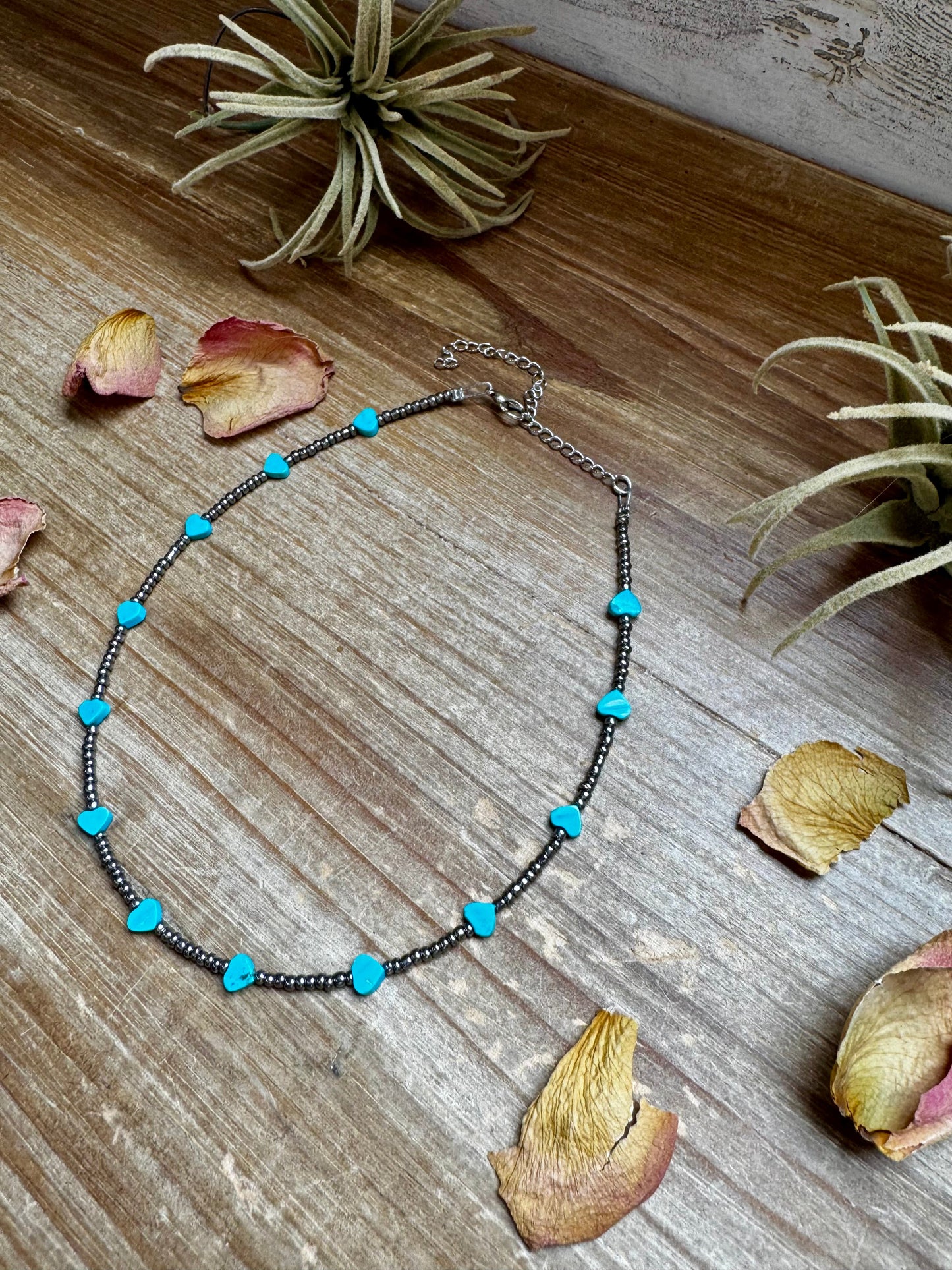 Handmade 14-inch necklace with antique silver glass seed beads and turquoise variscite heart center, made by The Bijoux FAB